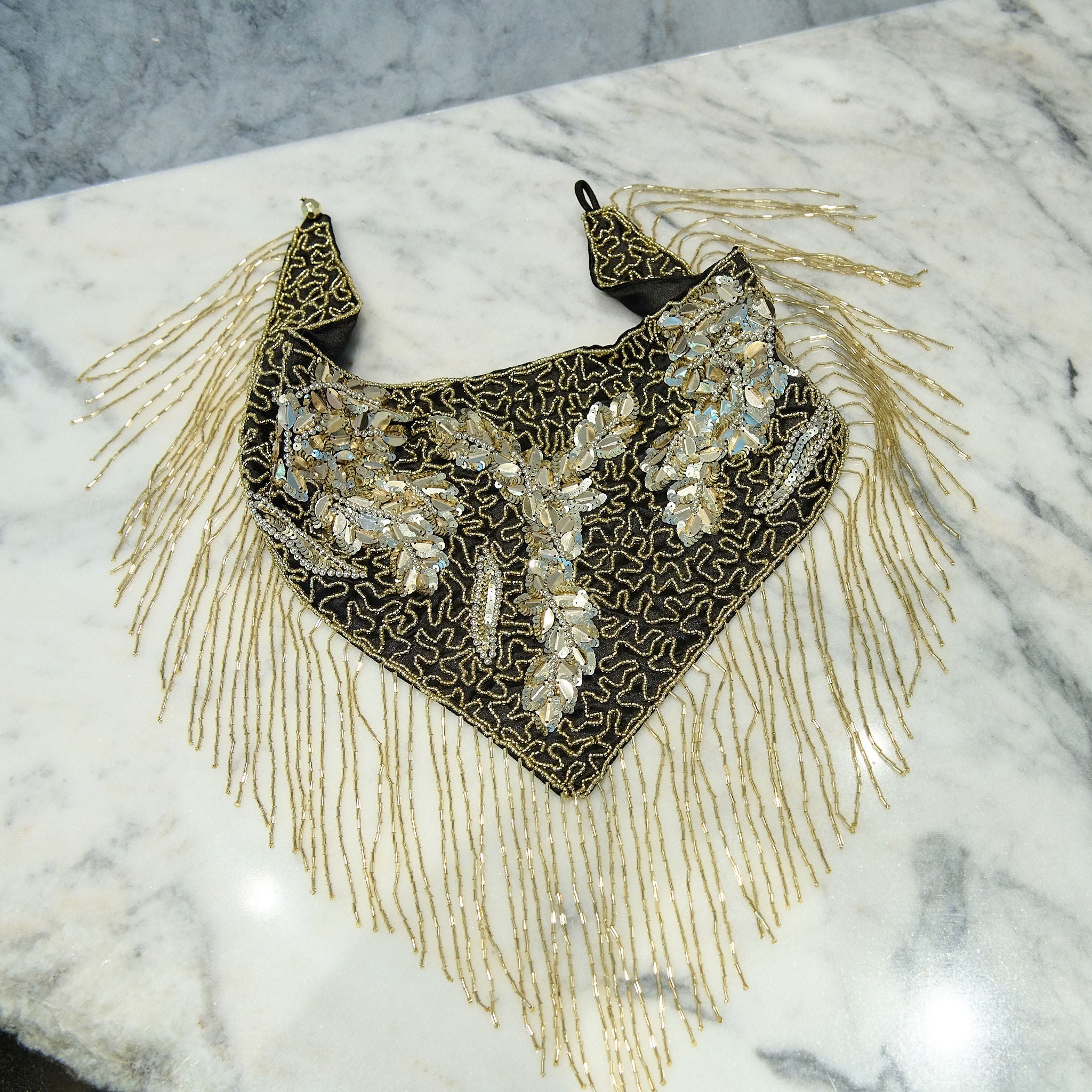 Indira Sequin Fringe Scarf Necklace - Sequin Gold/Black,Necklaces, Sassy Jones,