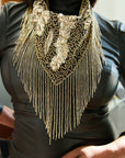 Indira Sequin Fringe Scarf Necklace - Sequin Gold/Black,Necklaces, Sassy Jones,