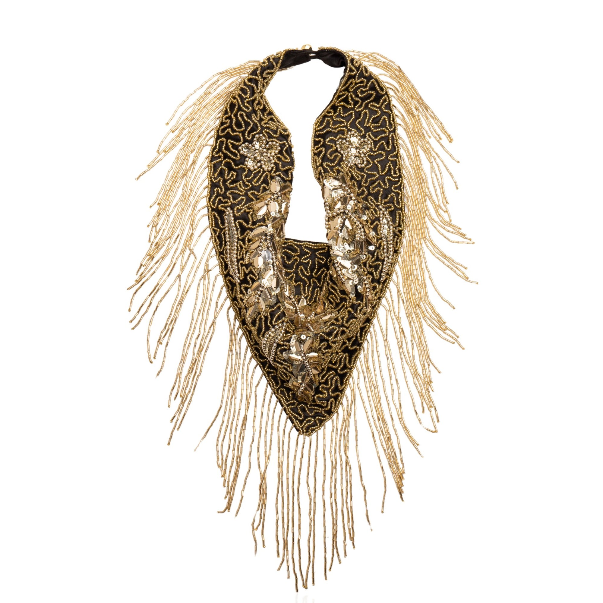 Indira Sequin Fringe Scarf Necklace - Sequin Gold/Black,Necklaces, Sassy Jones,