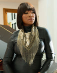 Indira Sequin Fringe Scarf Necklace - Sequin Gold/Black,Necklaces, Sassy Jones,