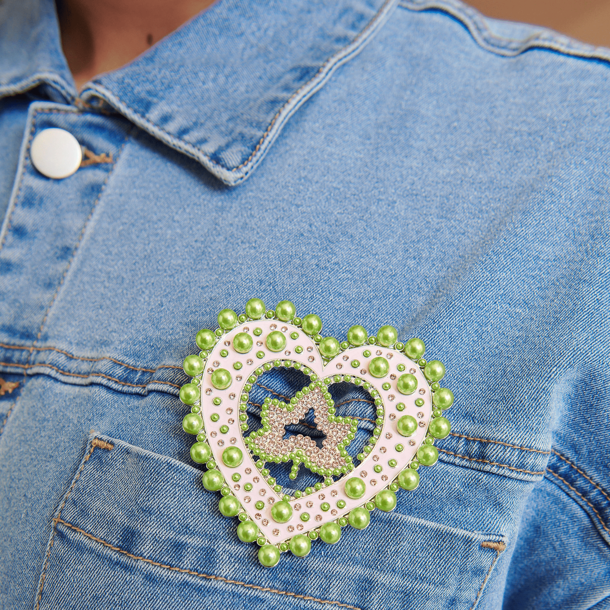 Ivey Dream Heart Brooch - Green Pearl On Pink,Brooch, Sassy Jones,