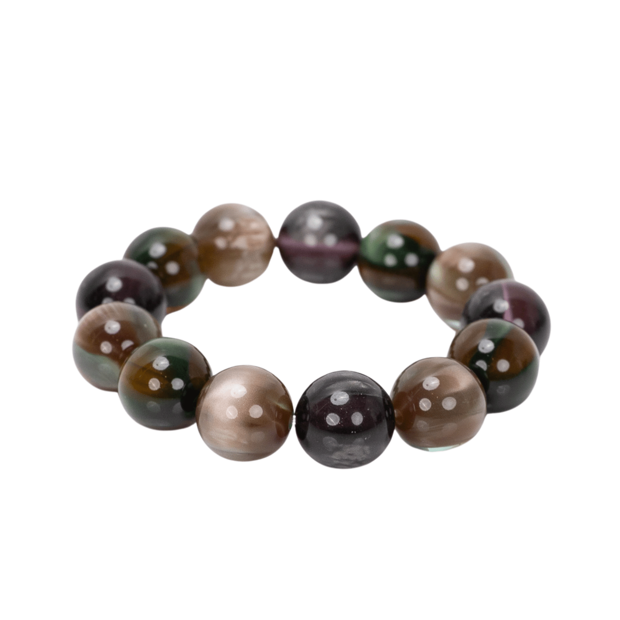 Oversized marbled stretch bracelet with glossy resin beads in olive, caramel, espresso, and smoky plum tones on a white background.