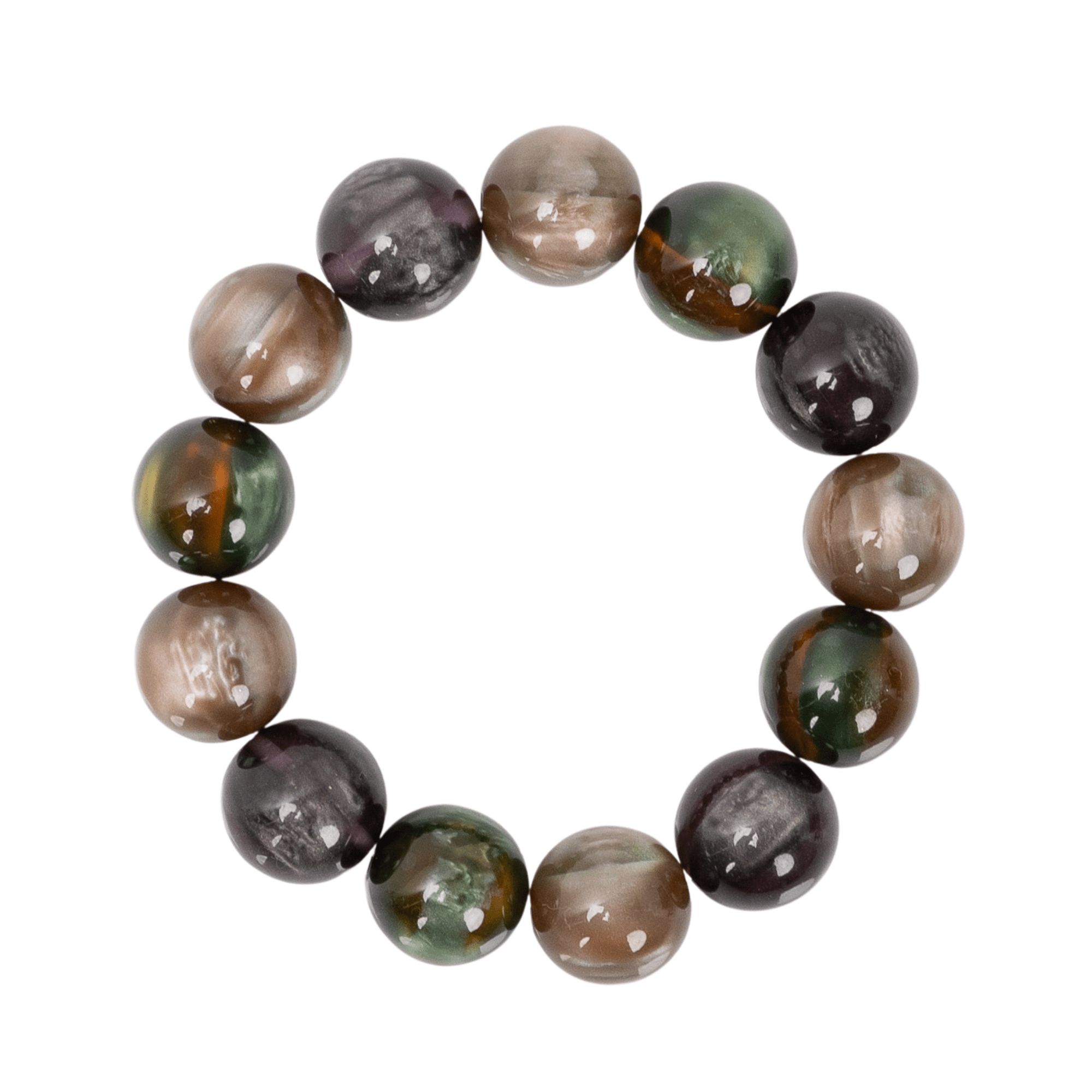 Oversized marbled stretch bracelet with glossy resin beads in olive, caramel, espresso, and smoky plum tones on a white background.