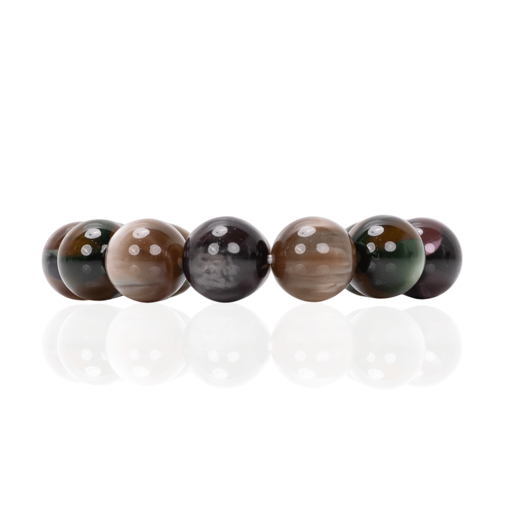 Oversized marbled stretch bracelet with glossy resin beads in olive, caramel, espresso, and smoky plum tones on a white background.