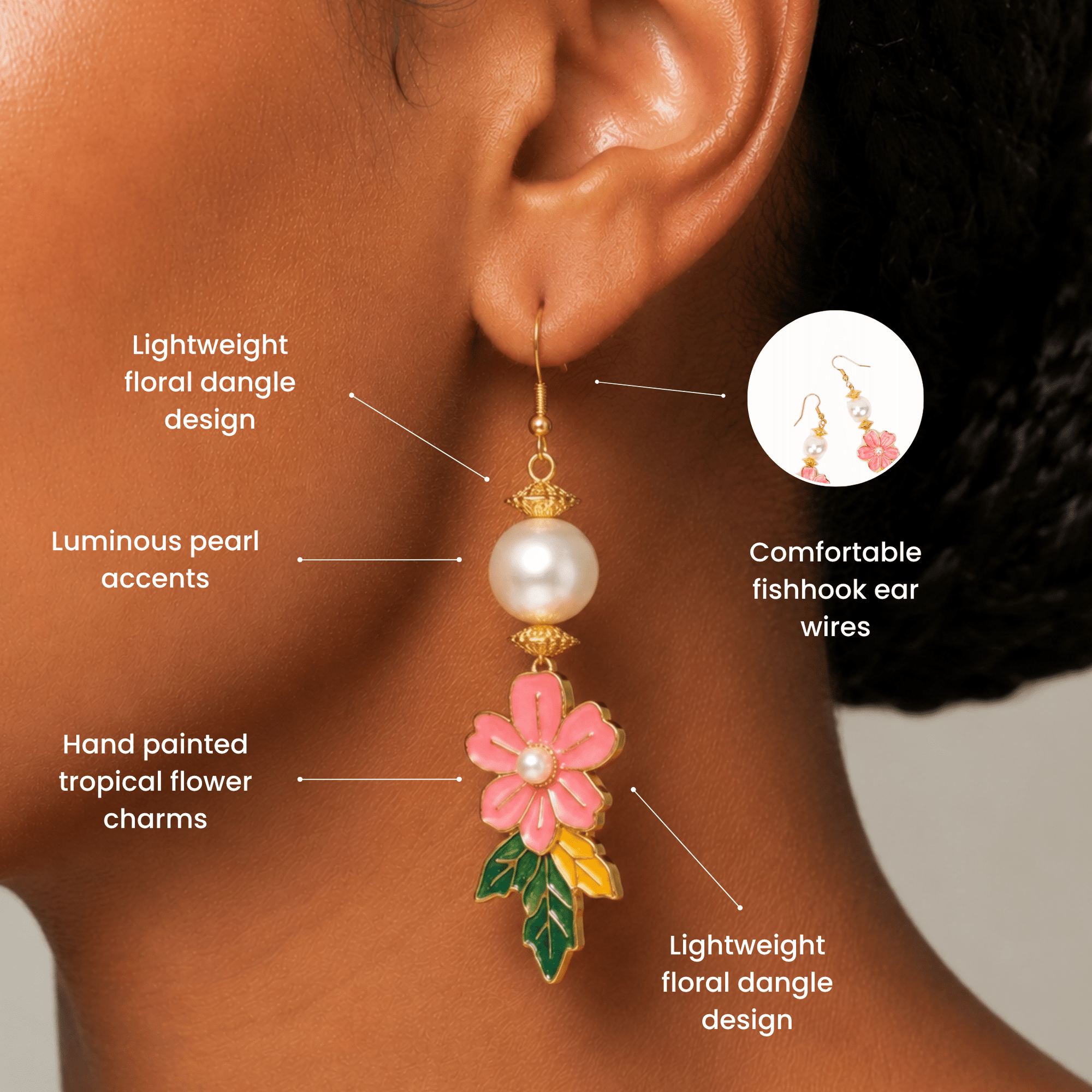 Kalani Hand Painted Floral Pearl Dangle Earrings,Earrings, Sassy Jones,