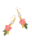 Kalani hand painted floral pearl dangle earrings featuring coral pink flowers, green and golden leaves, luminous pearls and gold tone detailing.