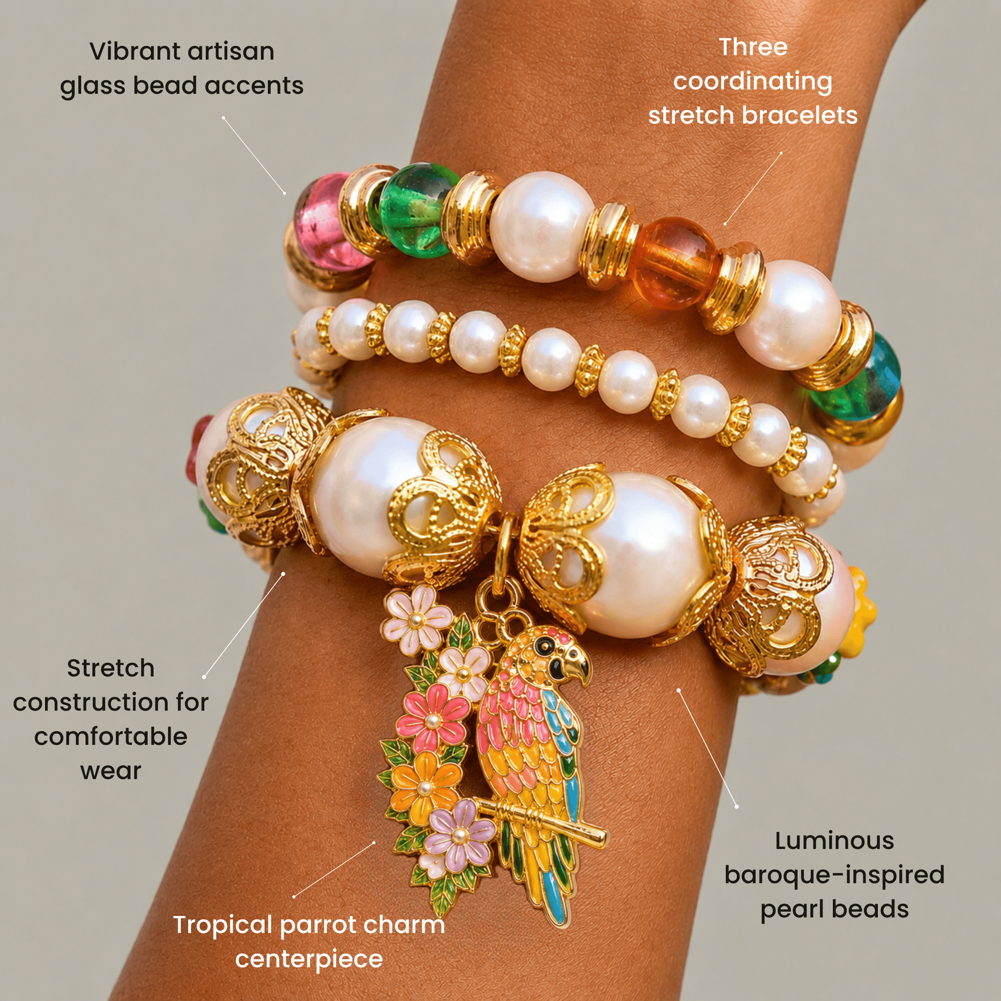 Kalani Pearl Charm 3pc Stretch Bracelet Stack,Bracelets, Sassy Jones,