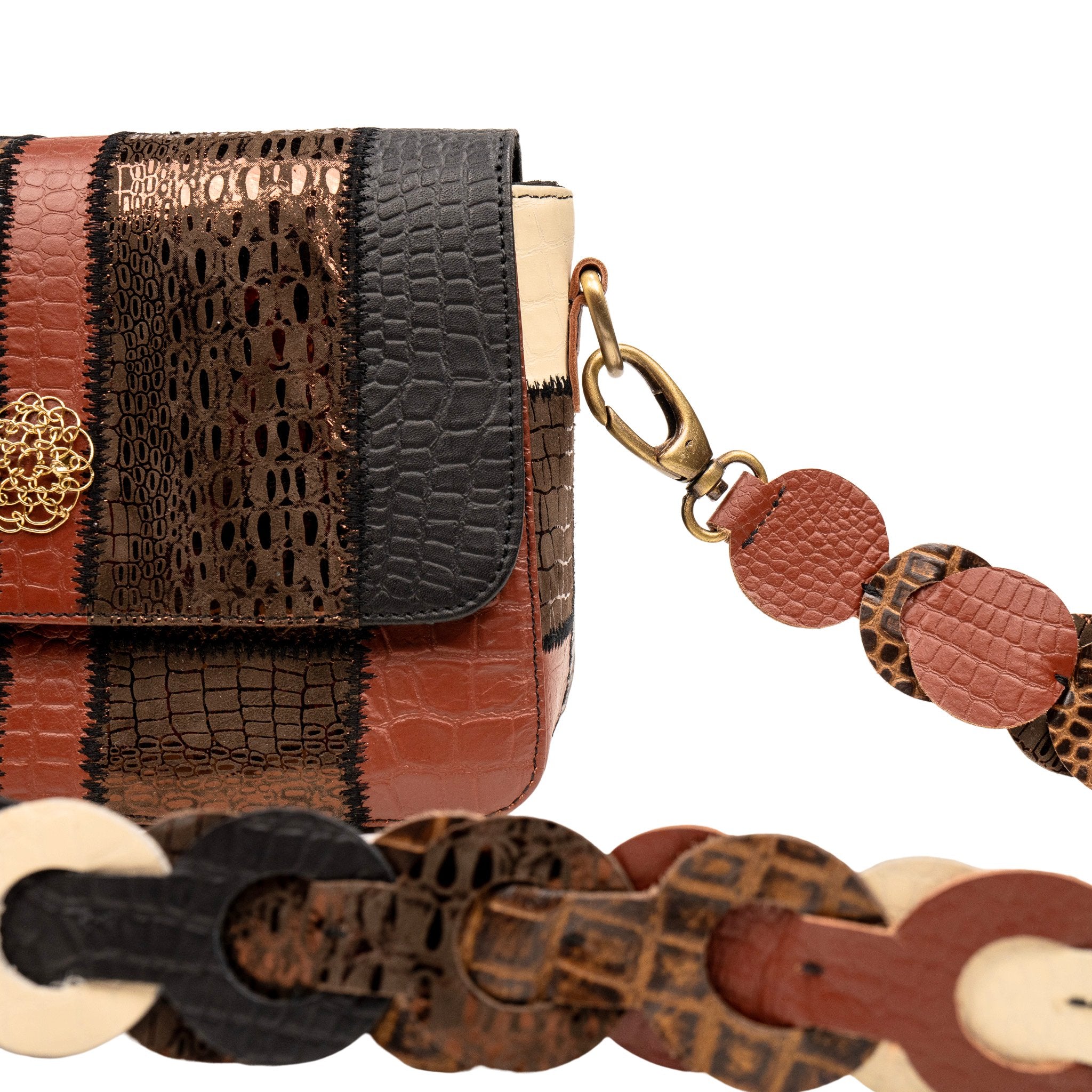 Karma Buffalo Leather Patchwork Crossbody - Nature Crocodile / Snake,Handbags, Sassy Jones,