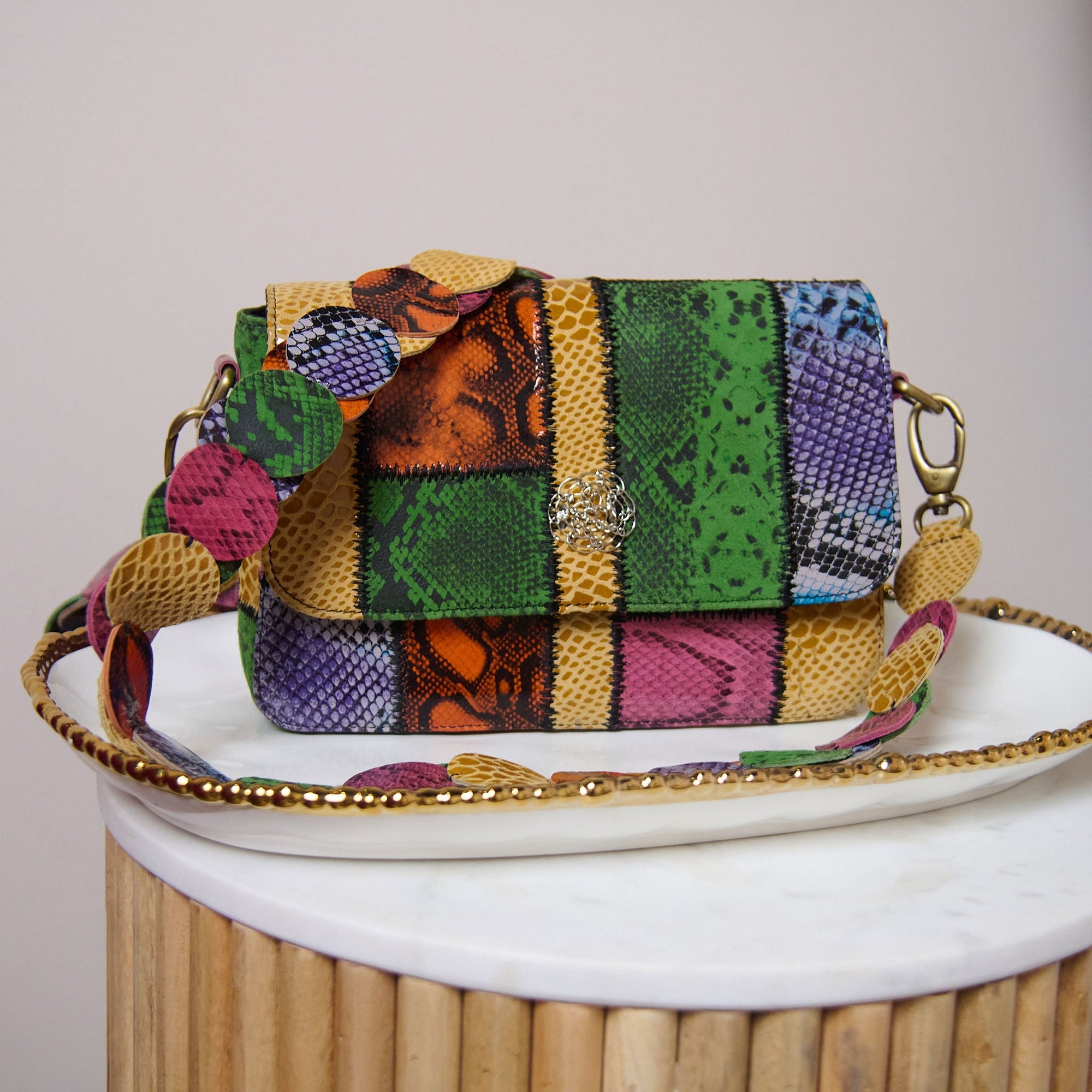 Karma Buffalo Leather Patchwork Crossbody - Wild Snakeskin,Handbags, Sassy Jones,