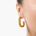 Kerri Hoops - Gold - Sassy Jones - - J link hoop design -Inlaid with golden Colorado topaz crystals -Matte gold metal hardware -Gold bullet disk backs with complimentary additional pair