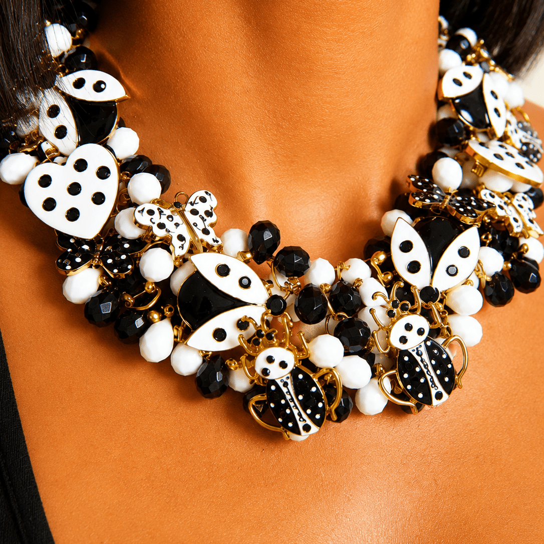 Lovebug 18k Brooch Bib - Black/White,Necklaces, Sassy Jones,