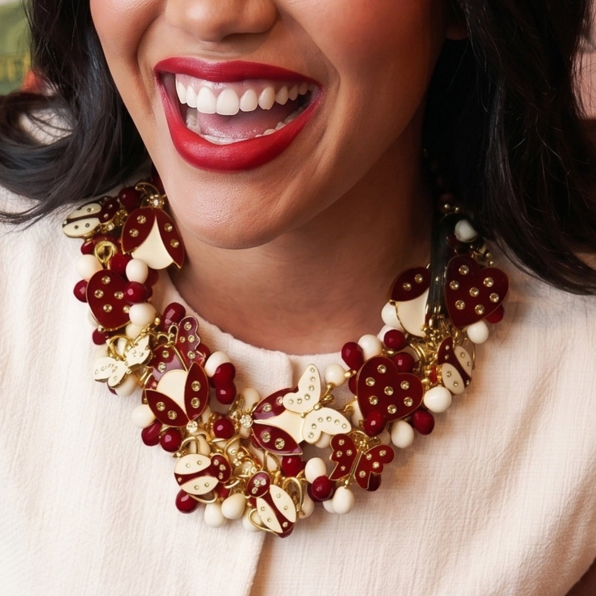 Lovebug 18k Brooch Bib - Crimson/Cream,Necklaces, Sassy Jones,