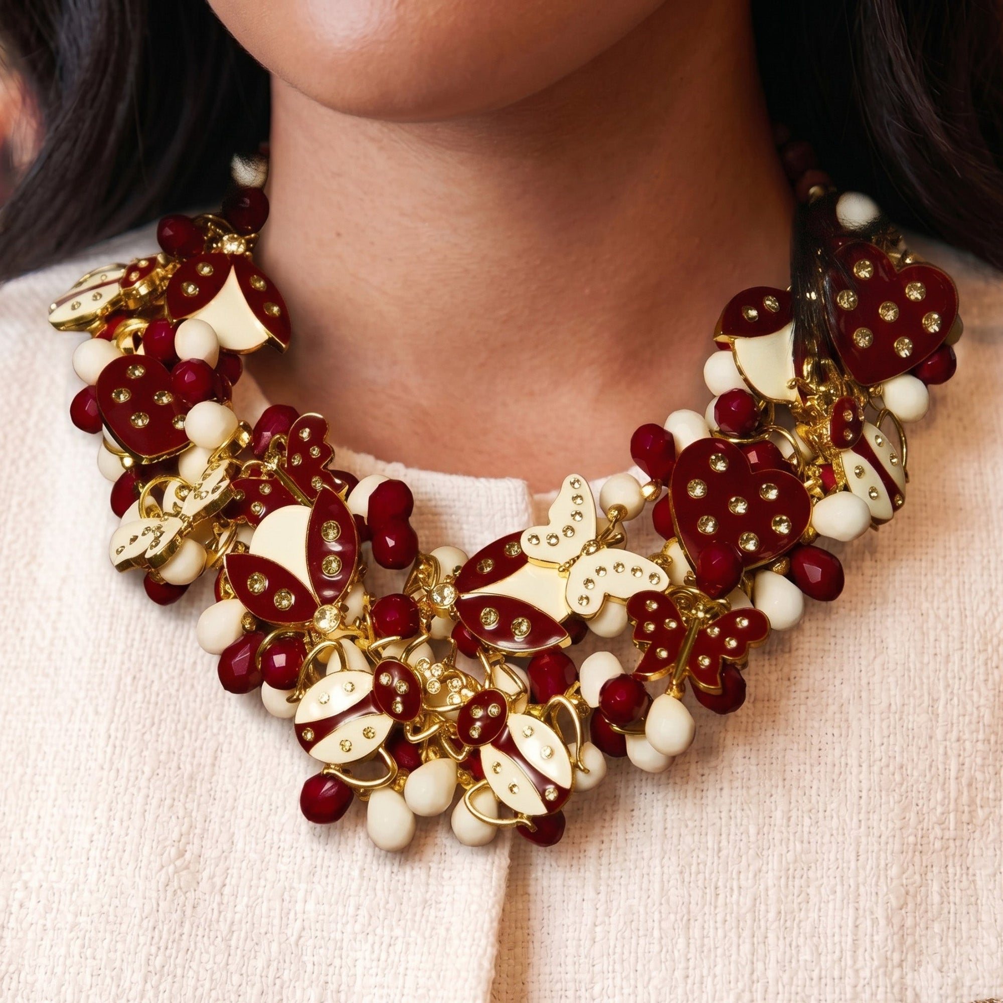 Lovebug 18k Brooch Bib - Crimson/Cream,Necklaces, Sassy Jones,