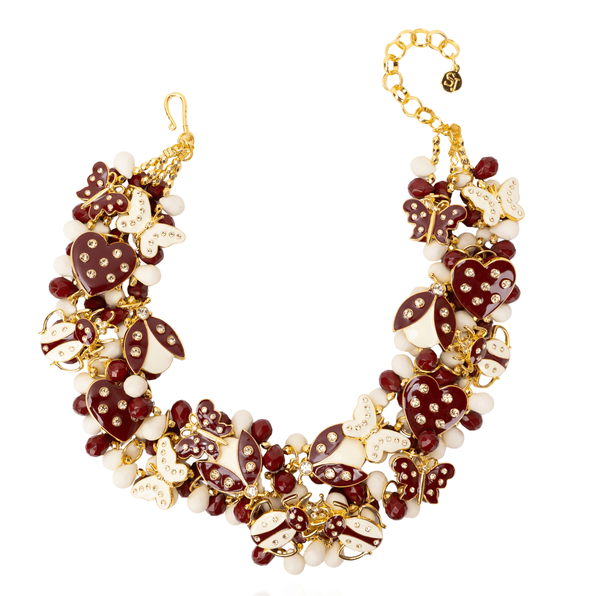 Lovebug 18k Brooch Bib - Crimson/Cream,Necklaces, Sassy Jones,