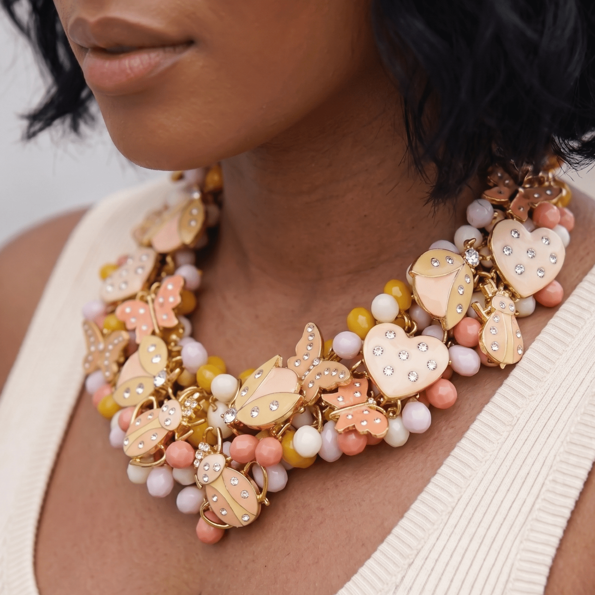 Lovebug 18k Brooch Bib - Peaches/Cream,Necklaces, Sassy Jones,