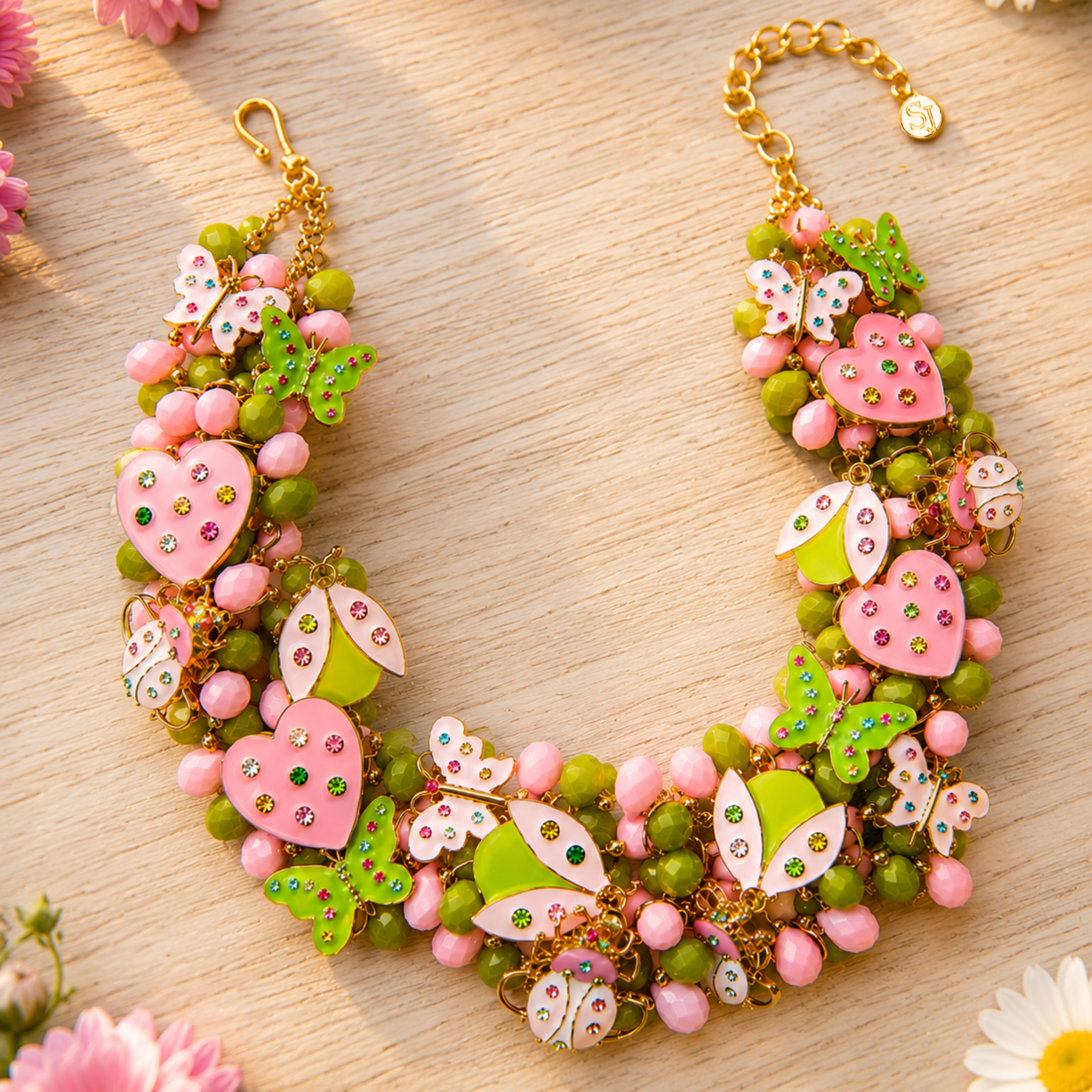 Lovebug 18k Brooch Bib - Pink/Green,Necklaces, Sassy Jones,