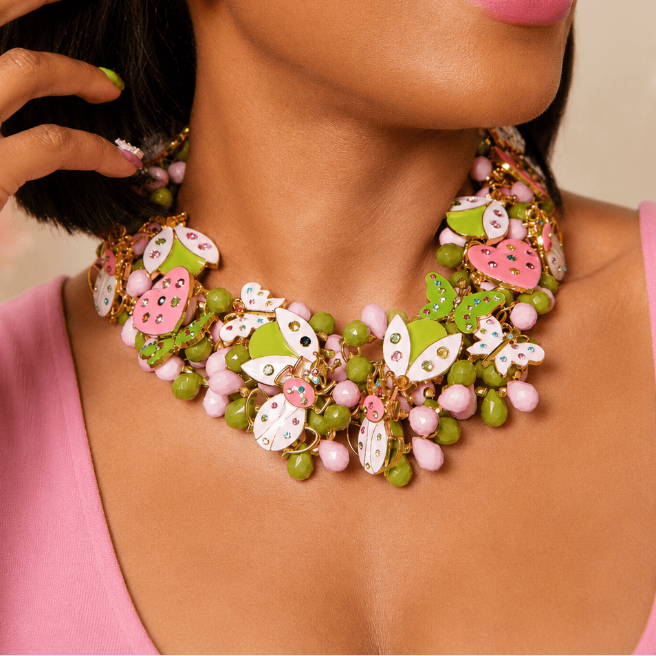 Lovebug 18k Brooch Bib - Pink/Green,Necklaces, Sassy Jones,