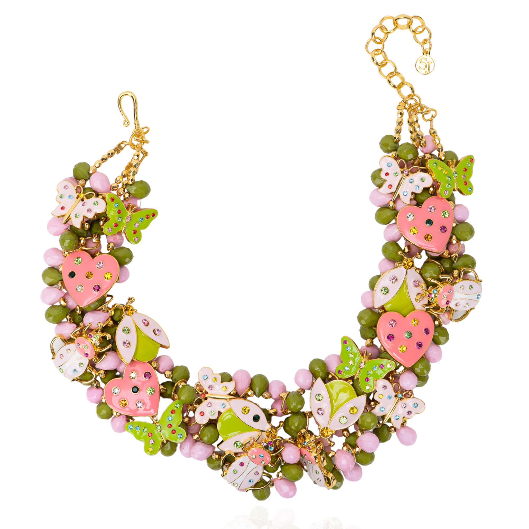 Lovebug 18k Brooch Bib - Pink/Green,Necklaces, Sassy Jones,