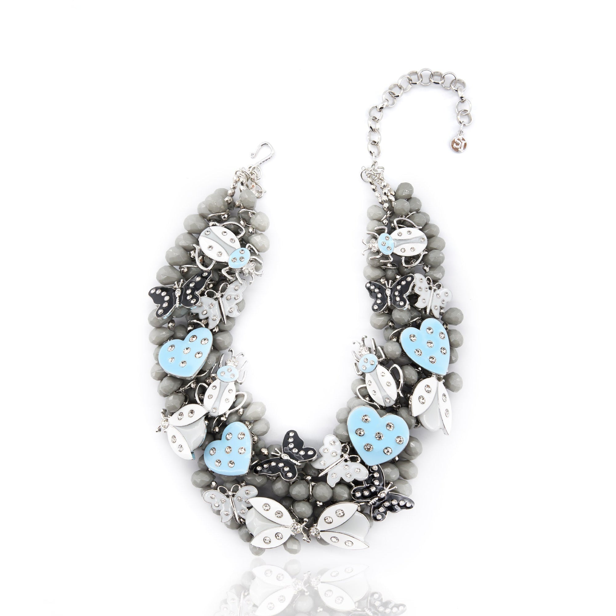 Lovebug Greige Jewelry Unique Beaded Necklace Grey Statement Necklace Heart Shaped Earrings Fashionable Greige Jewelry Designer Lovebug Necklace Trendy Grey Accessories Artistic Statement Jewelry Beaded Lovebug Jewelry Set Elegant Grey Fashion Jewelry High Fashion Beaded Necklace