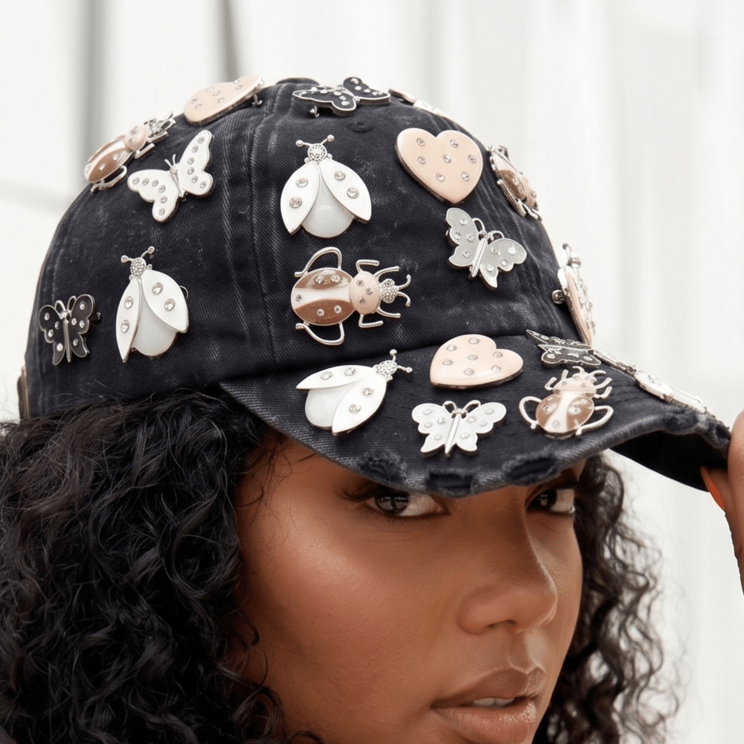 Lovebug Denim Dream Brooch Ballcap - Black,Hat, Sassy Jones,