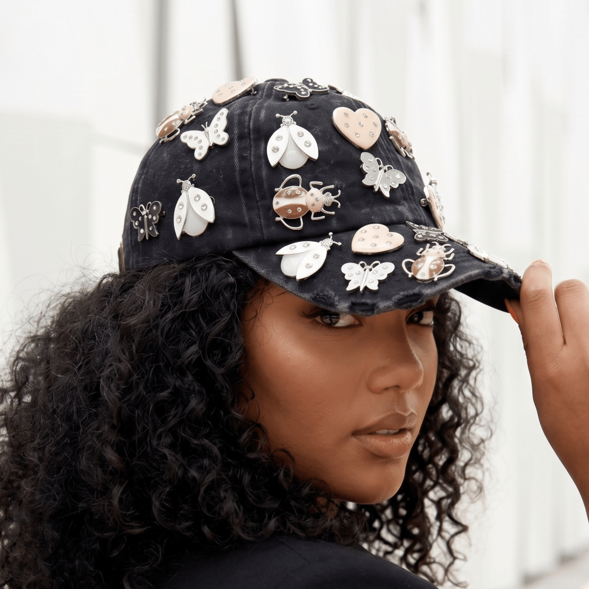 Lovebug Denim Dream Brooch Ballcap - Black,Hat, Sassy Jones,
