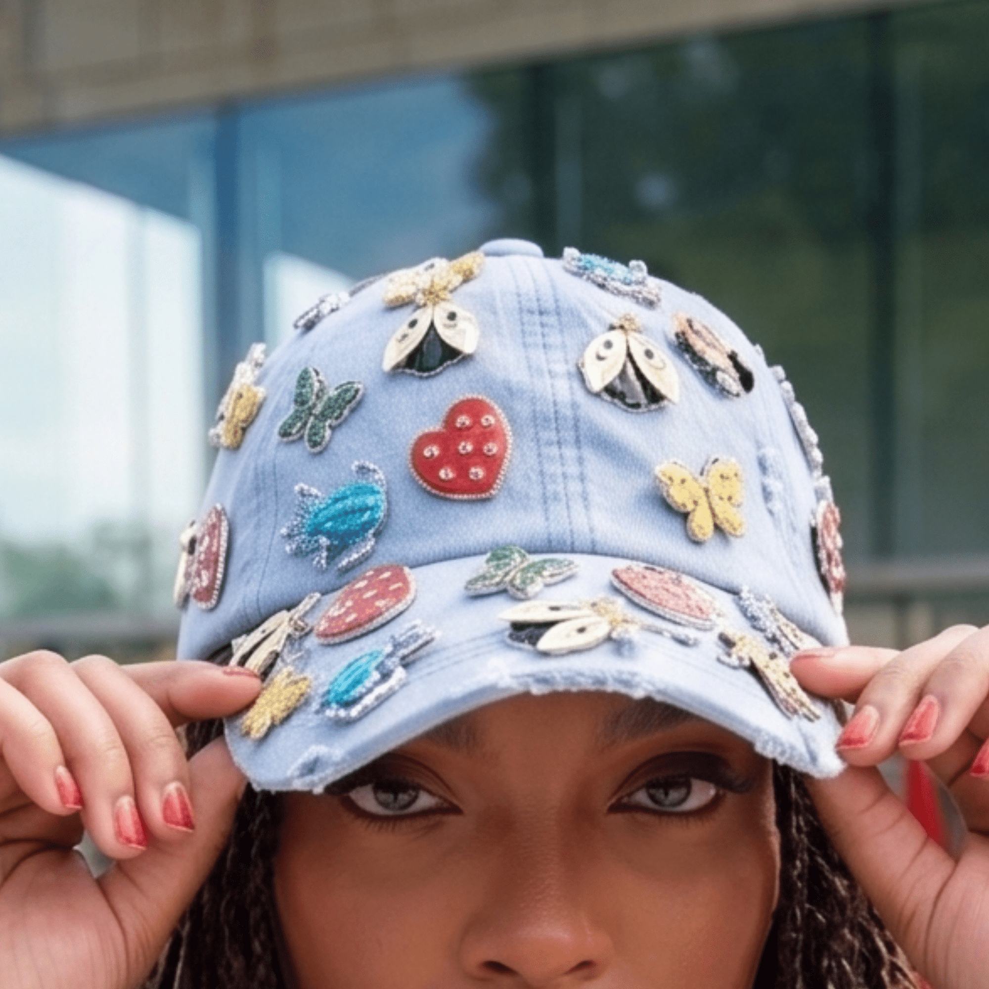 Lovebug Denim Dream Brooch Ballcap - Blue,Hat, Sassy Jones,