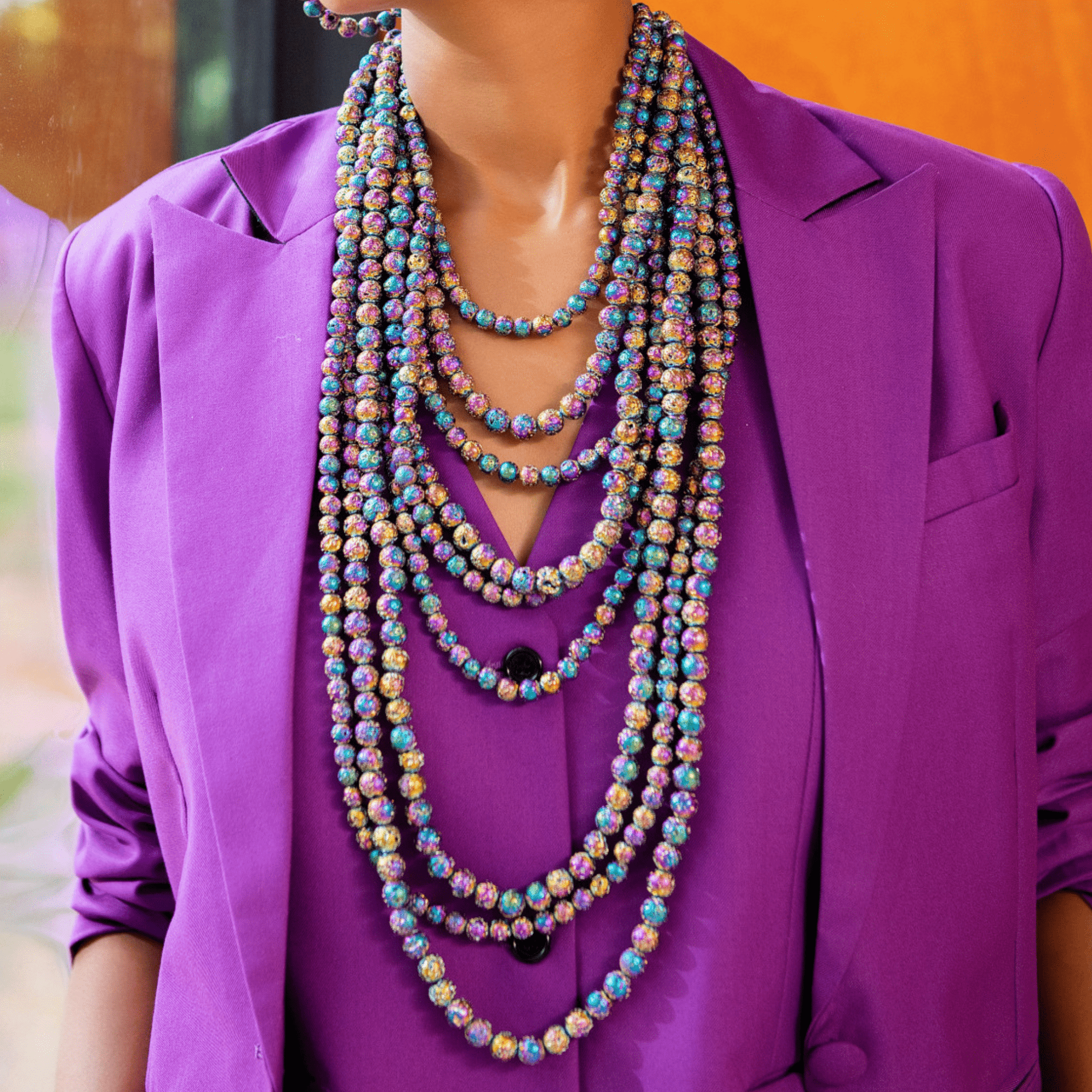 Makemba 2 - in - 1 Lava Beaded Statement Chain - Aurora Borealis,Necklaces, Sassy Jones,