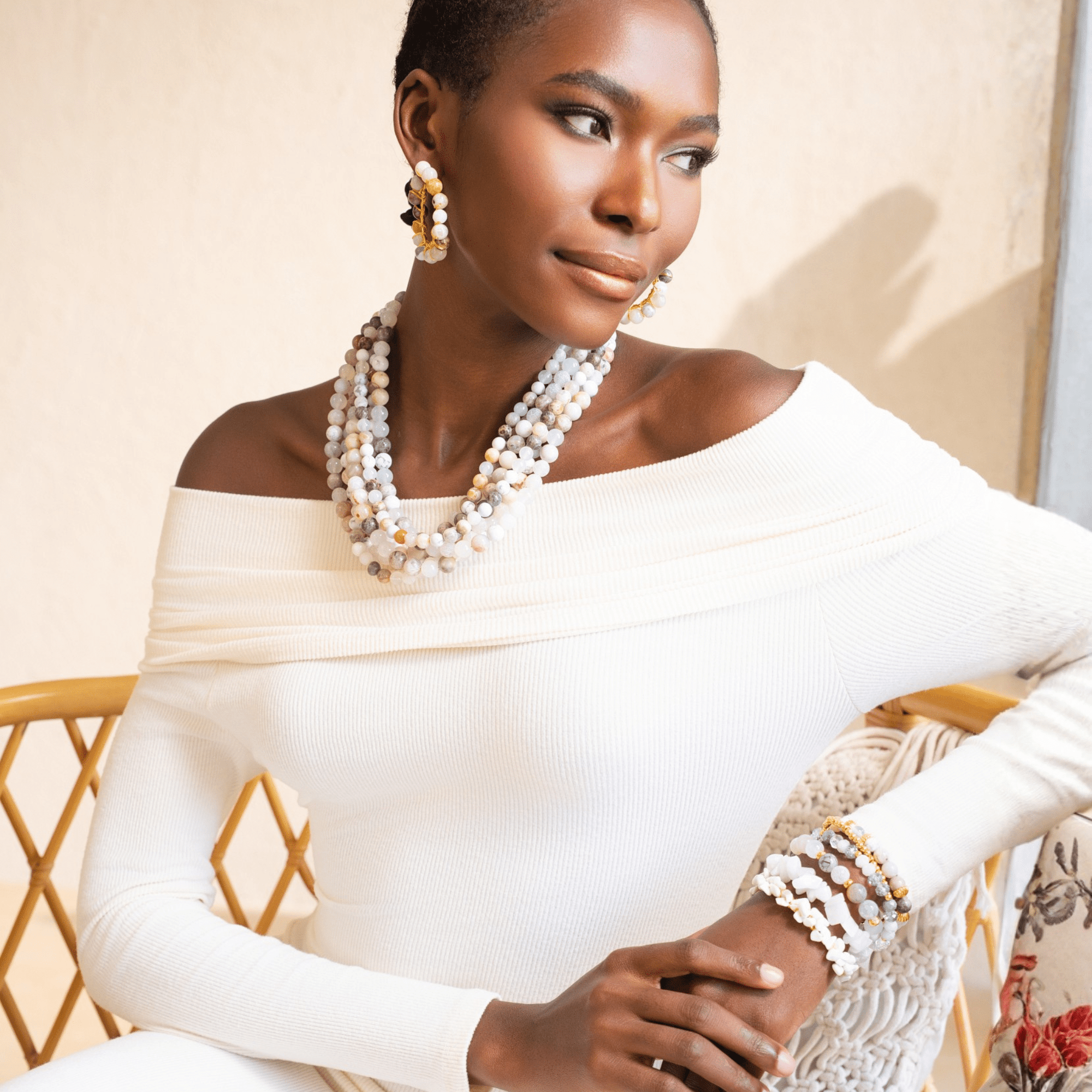 Makemba Botswana Agate 6pc Stretch Bracelet Stack - Ivory Estate,Bracelets, Sassy Jones,