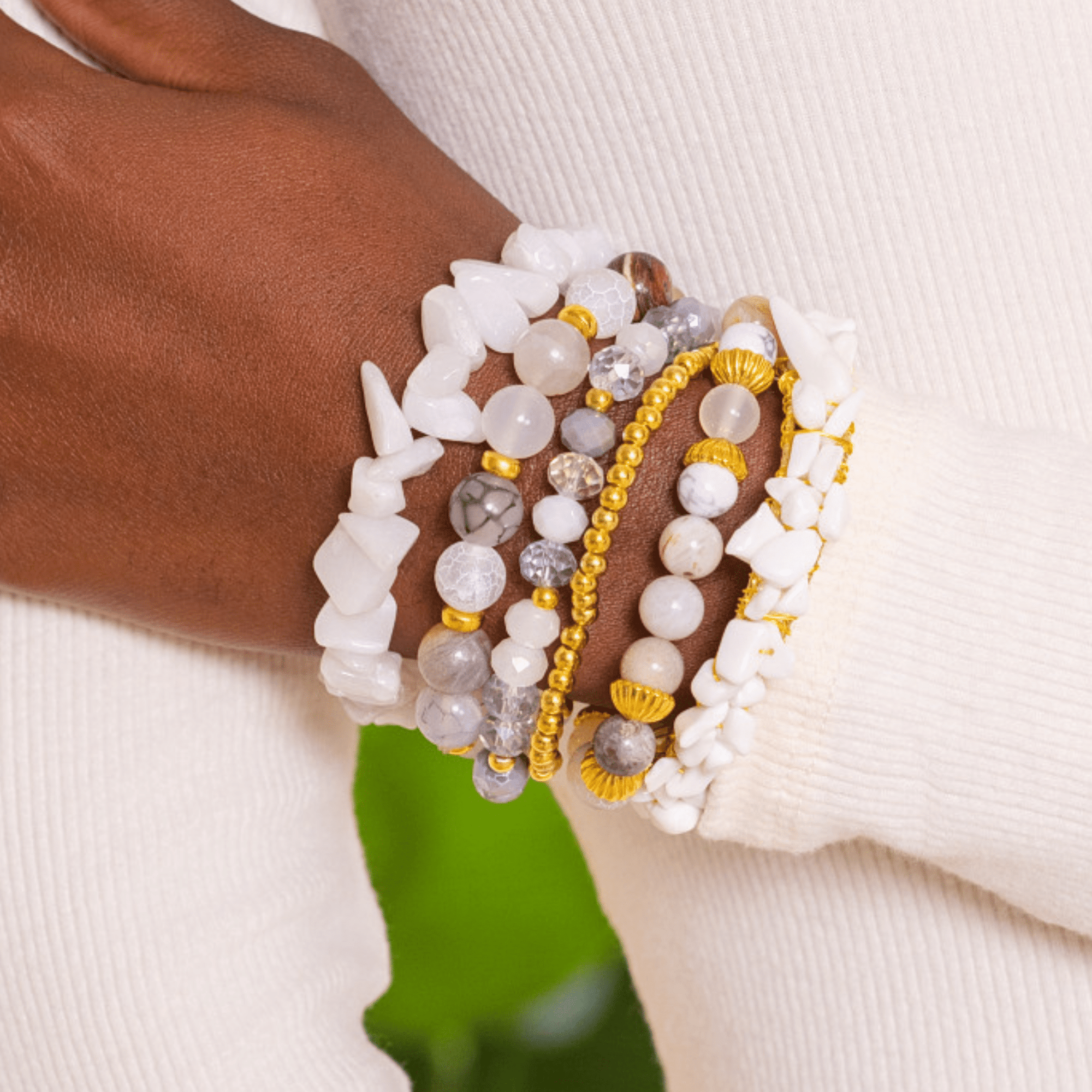 Makemba Botswana Agate 6pc Stretch Bracelet Stack - Ivory Estate,Bracelets, Sassy Jones,