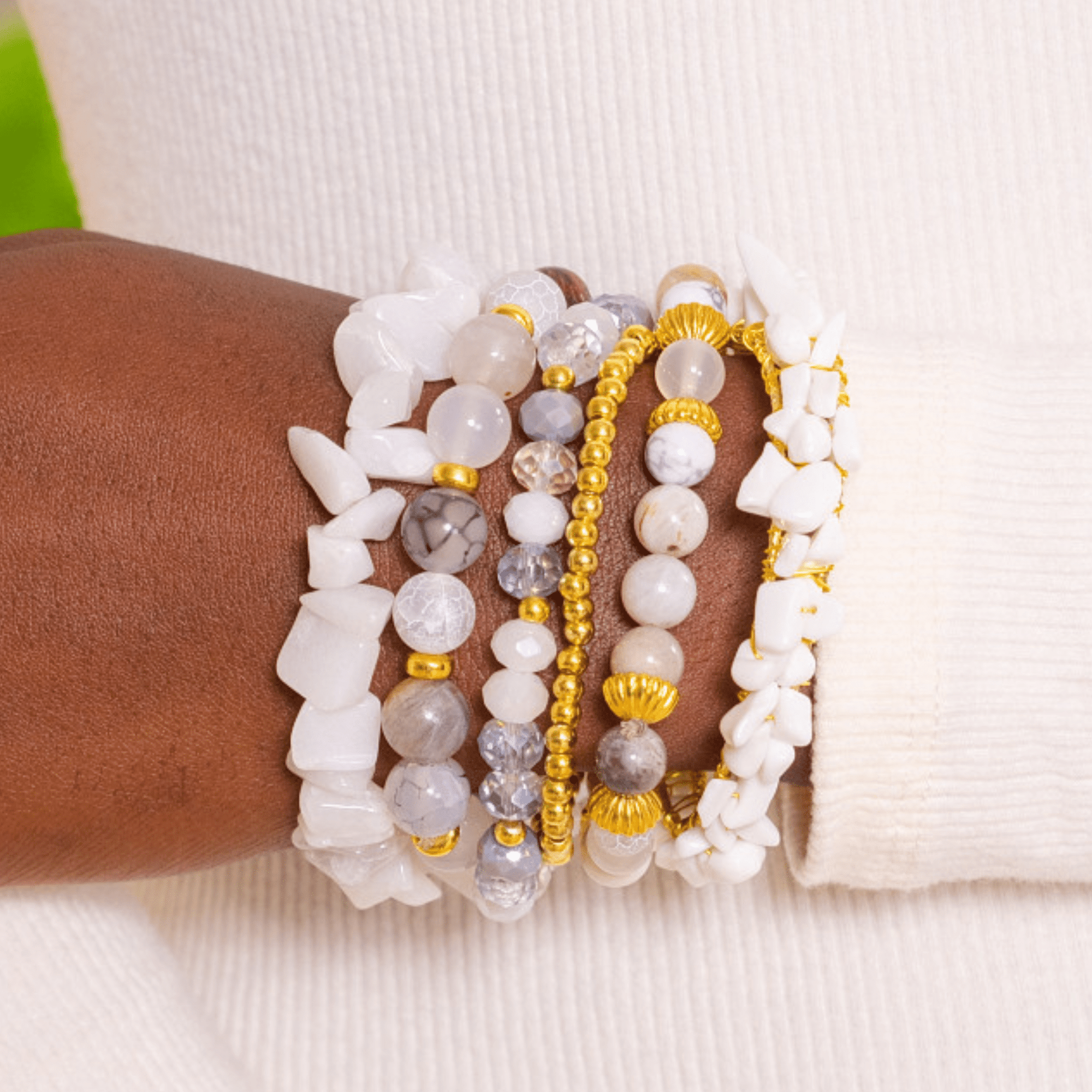 Makemba Botswana Agate 6pc Stretch Bracelet Stack - Ivory Estate,Bracelets, Sassy Jones,