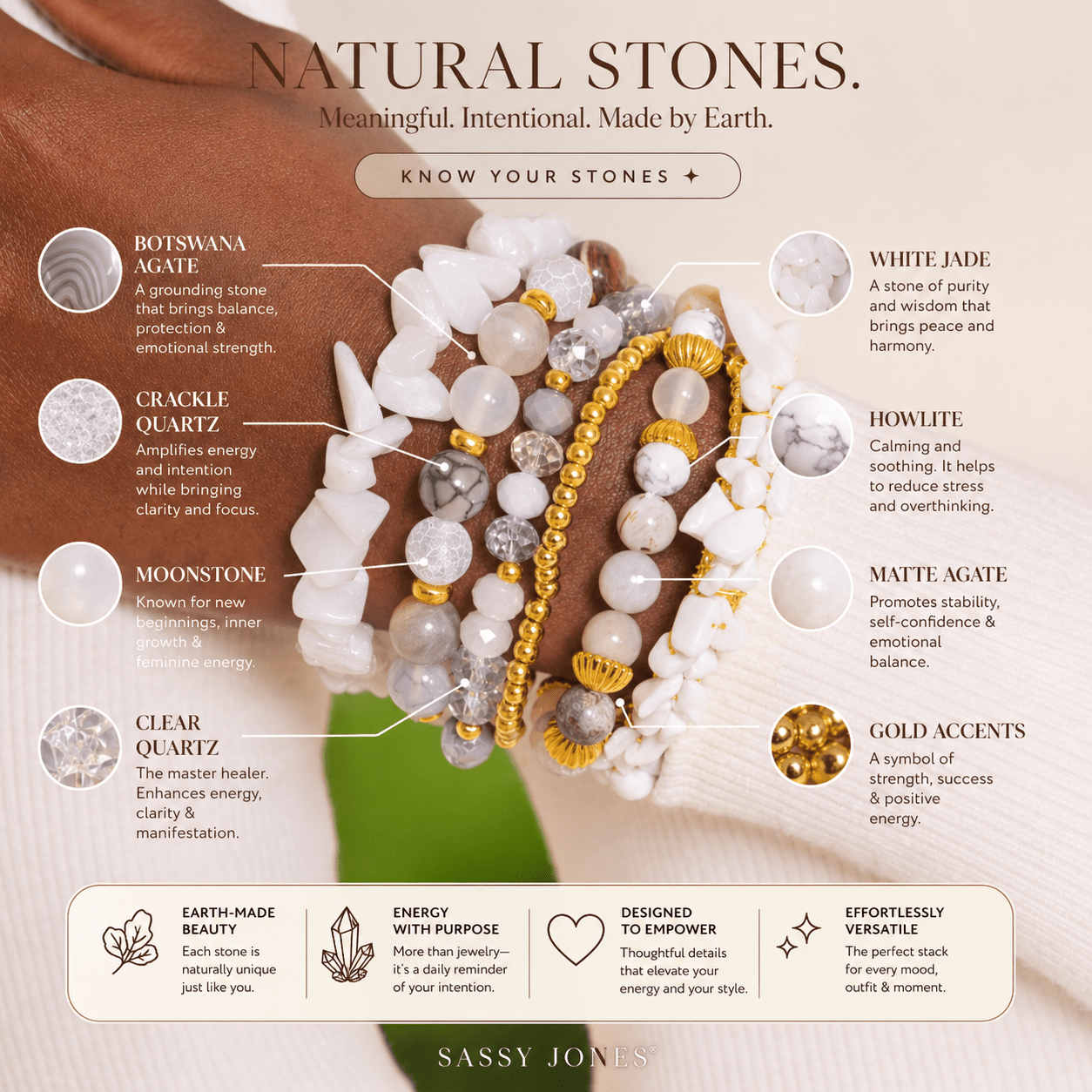 Makemba Botswana Agate 6pc Stretch Bracelet Stack - Ivory Estate,Bracelets, Sassy Jones,