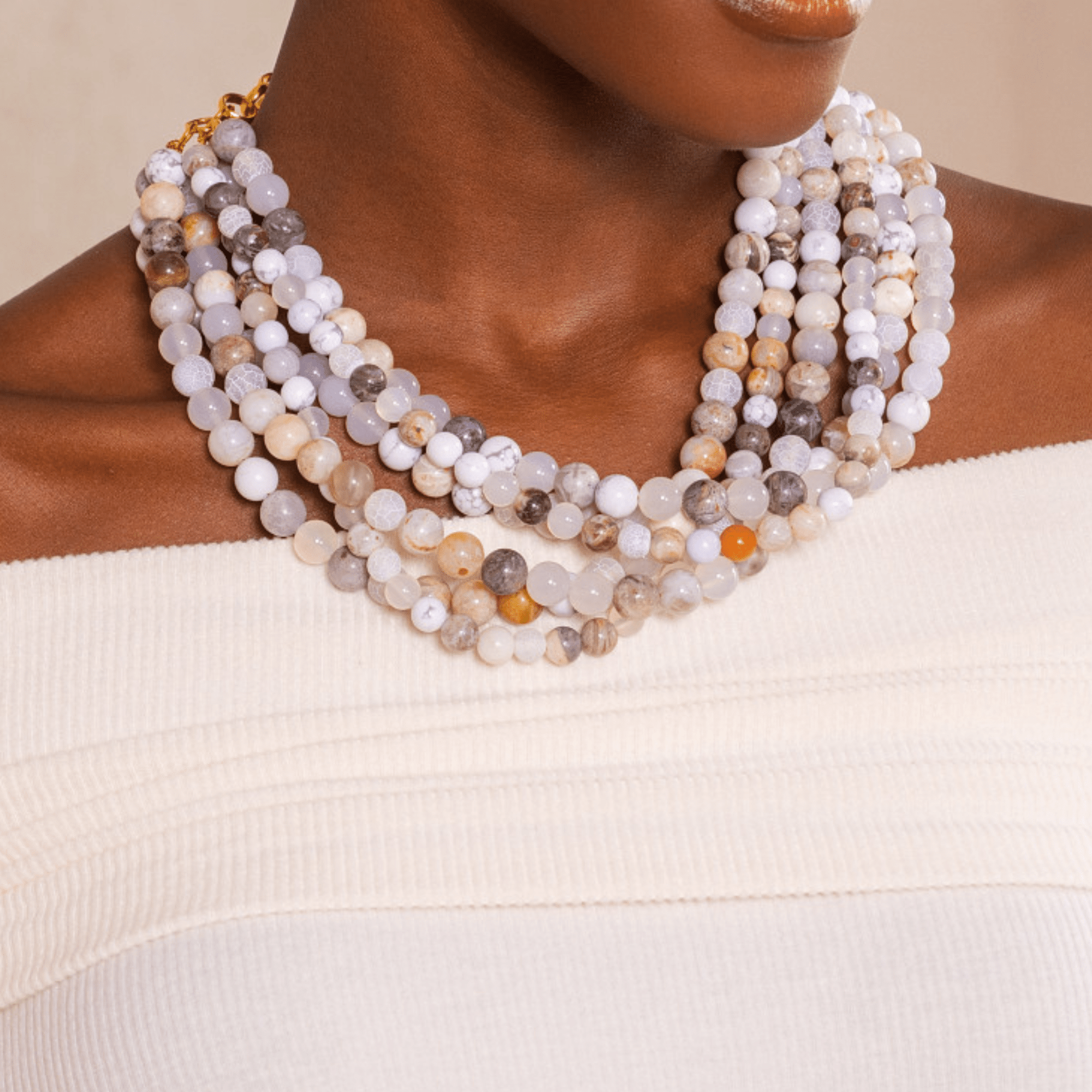 Makemba Botswana Agate Beaded Collar Chain - Ivory Estate,Necklaces, Sassy Jones,