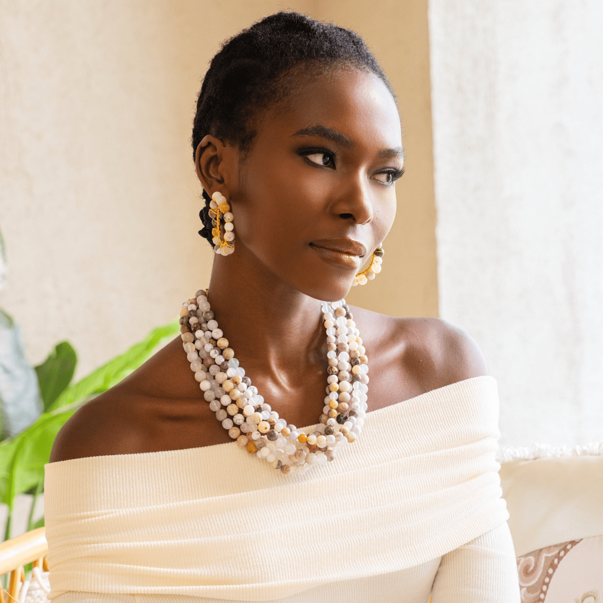 Makemba Botswana Agate Beaded Collar Chain - Ivory Estate,Necklaces, Sassy Jones,