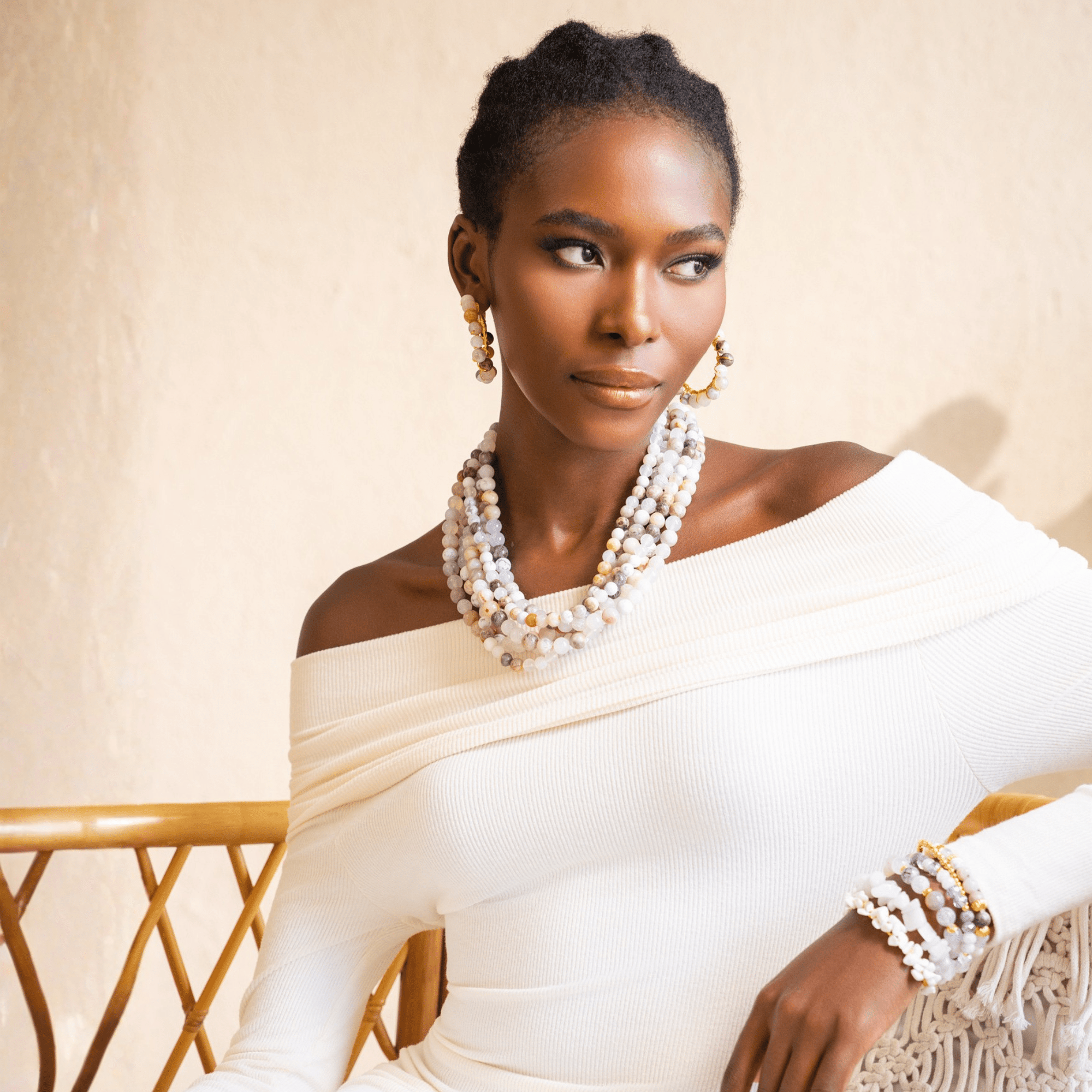 Makemba Botswana Agate Beaded Collar Chain - Ivory Estate,Necklaces, Sassy Jones,