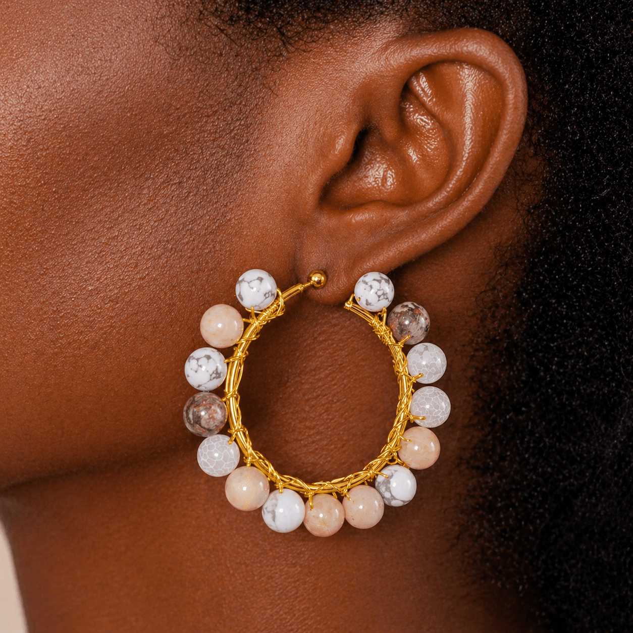 Makemba Botswana Agate Beaded Hoops - Ivory Estate,Earrings, Sassy Jones,