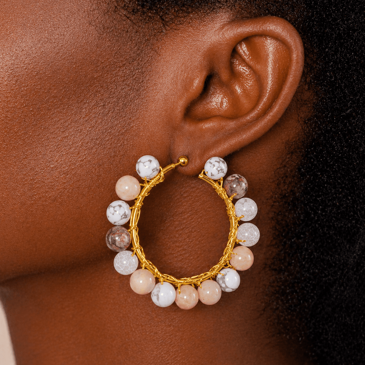 Makemba Botswana Agate Hand Beaded Hoops Estate