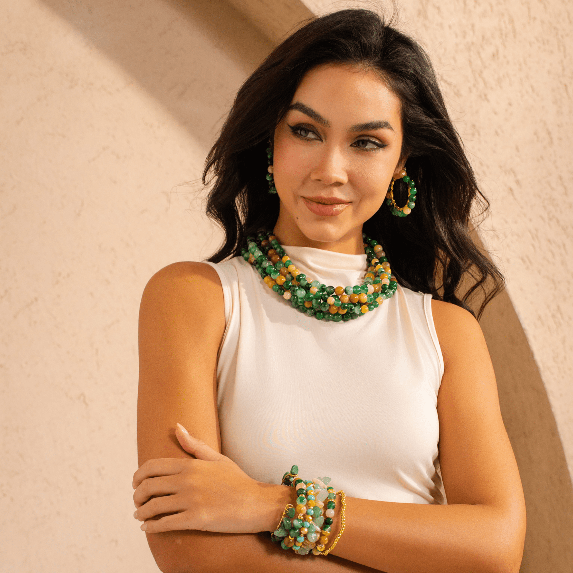 Makemba Jasper Beaded Collar Chain - Emerald Legacy,Necklaces, Sassy Jones,