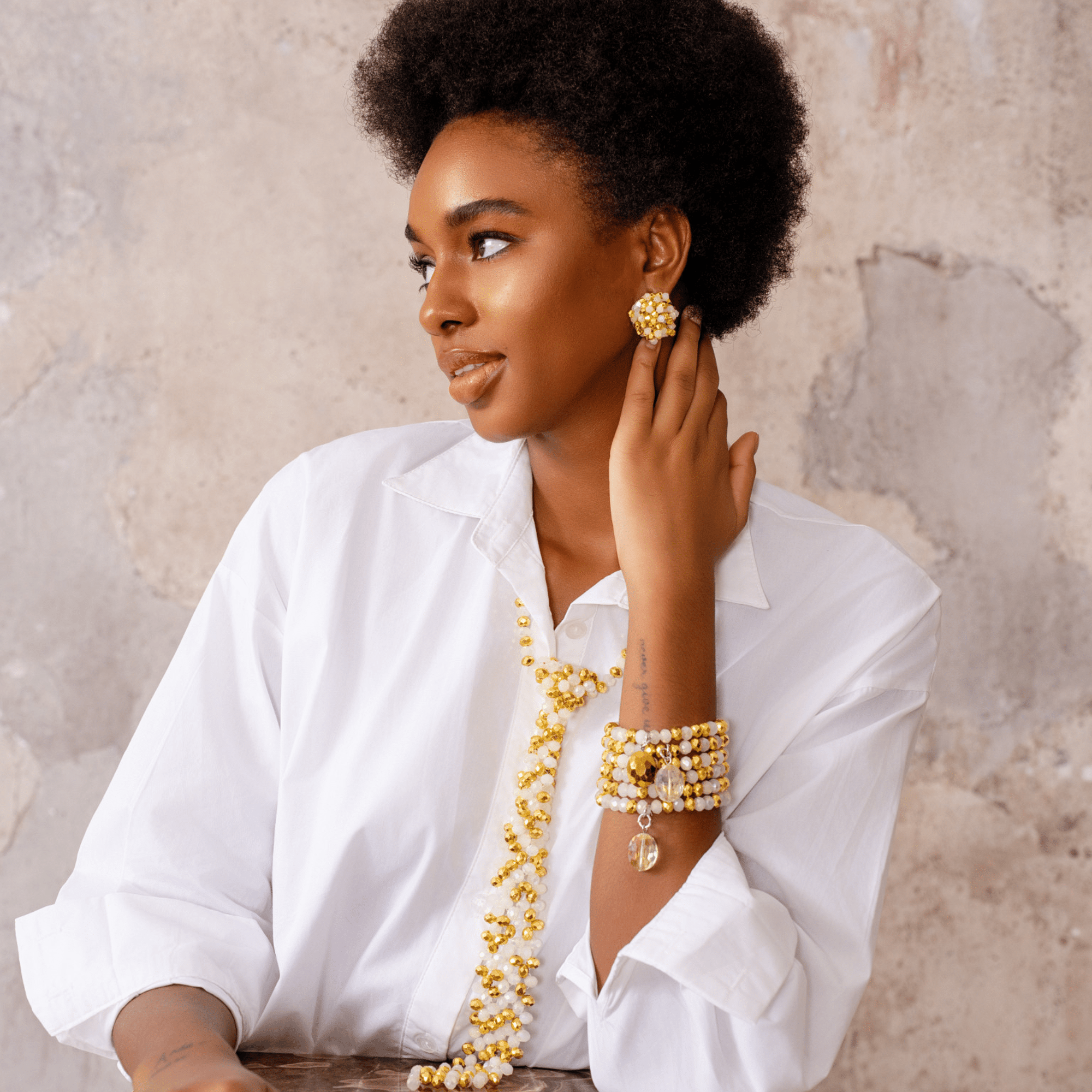 Malia Glass 6pc Stretch Bracelet Stack - Golden Snowflake,Bracelets, Sassy Jones,