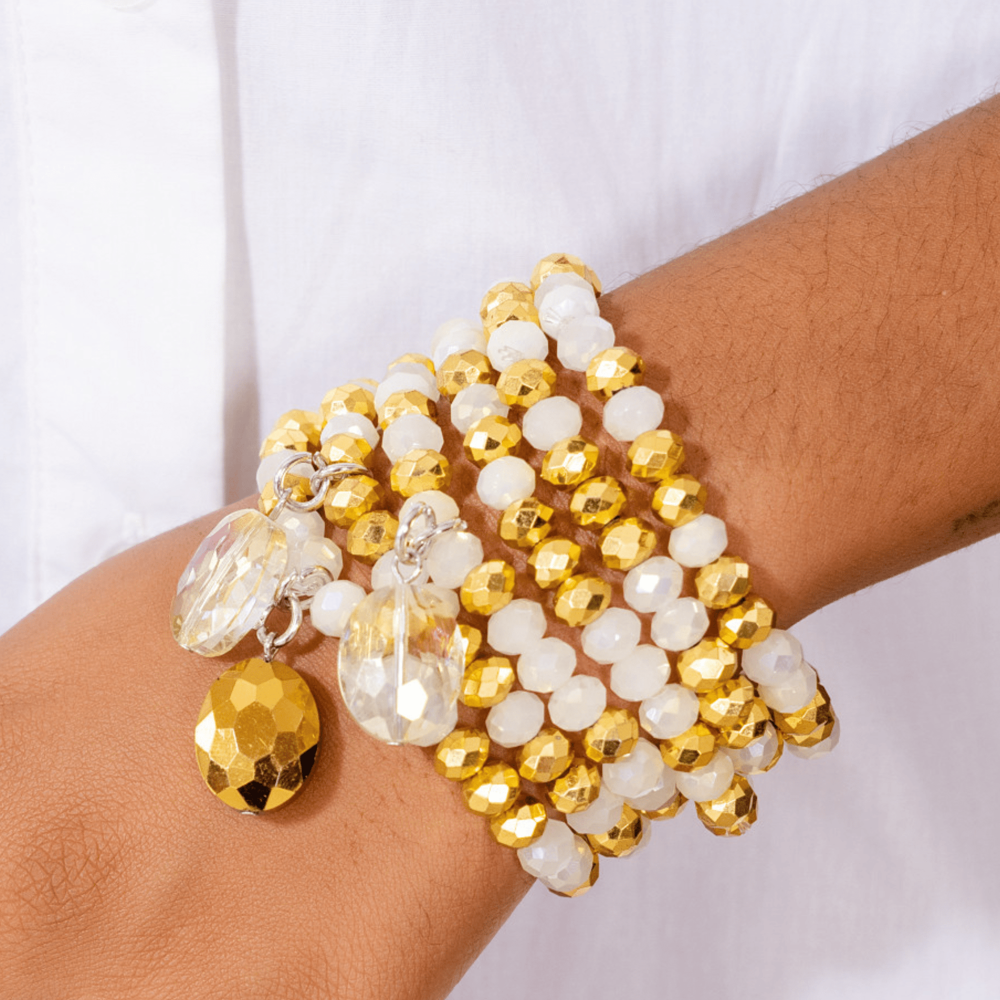 Malia Glass 6pc Stretch Bracelet Stack - Golden Snowflake,Bracelets, Sassy Jones,