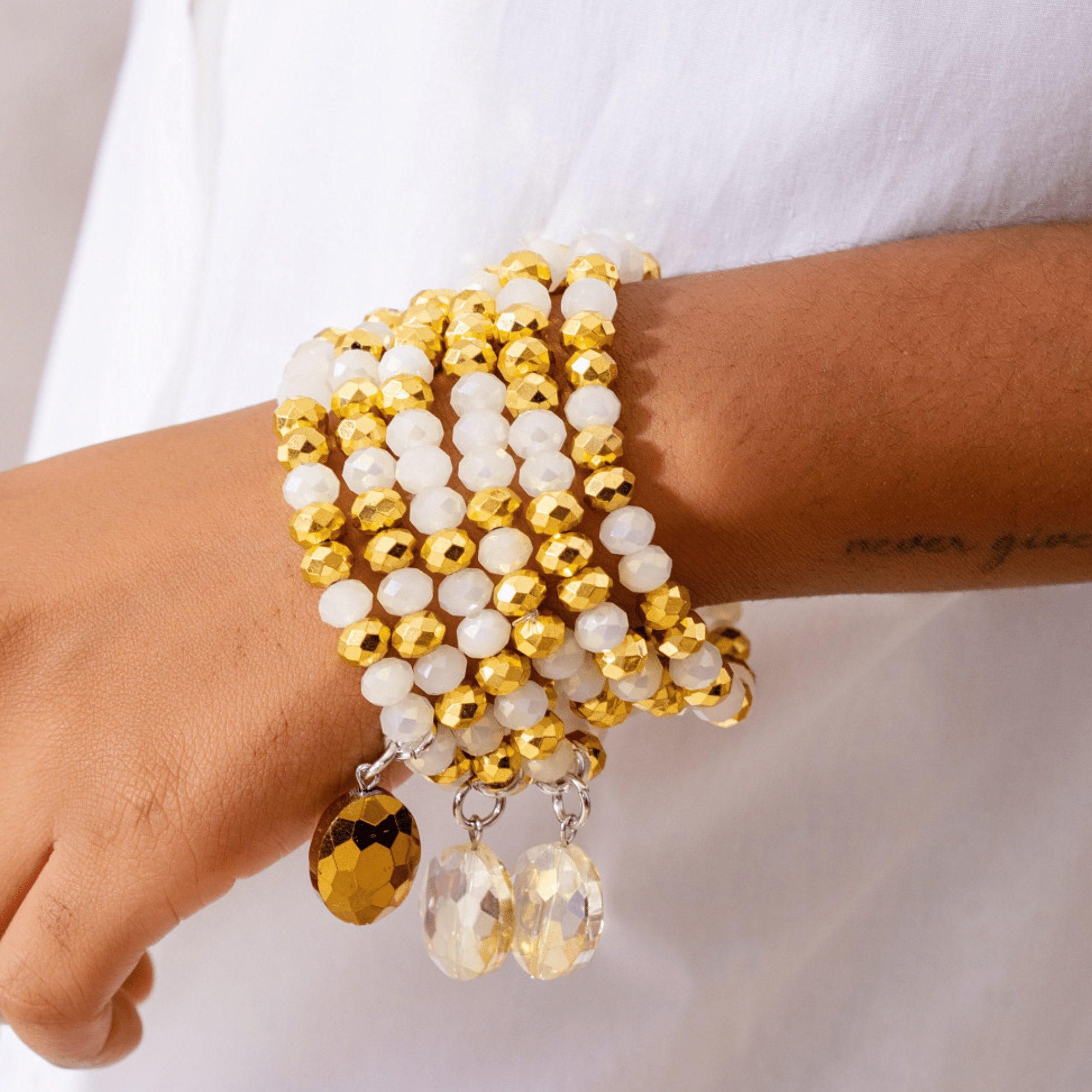 Malia Glass 6pc Stretch Bracelet Stack - Golden Snowflake,Bracelets, Sassy Jones,