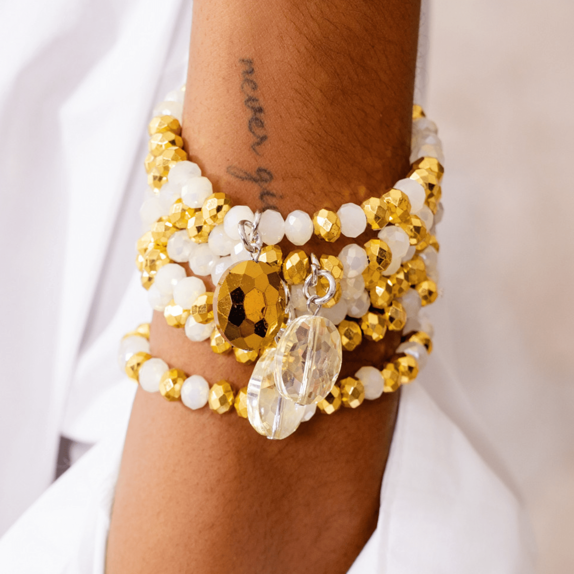 Malia Glass 6pc Stretch Bracelet Stack - Golden Snowflake,Bracelets, Sassy Jones,