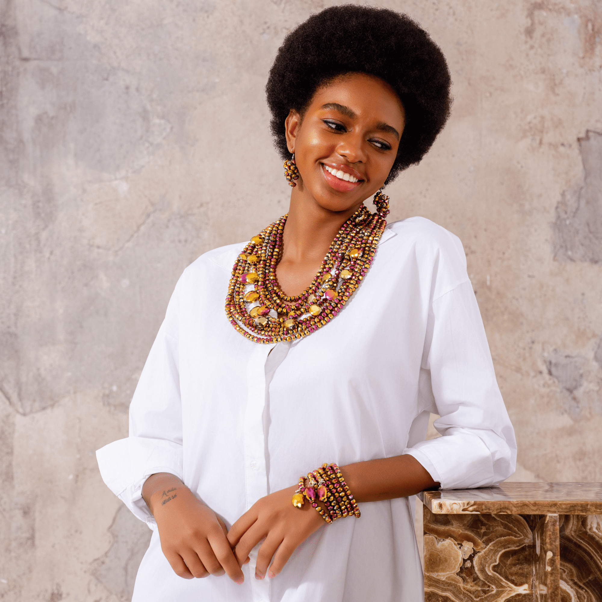 Malia Glass 6pc Stretch Bracelet Stack - Rose Gold Cherry,Bracelets, Sassy Jones,