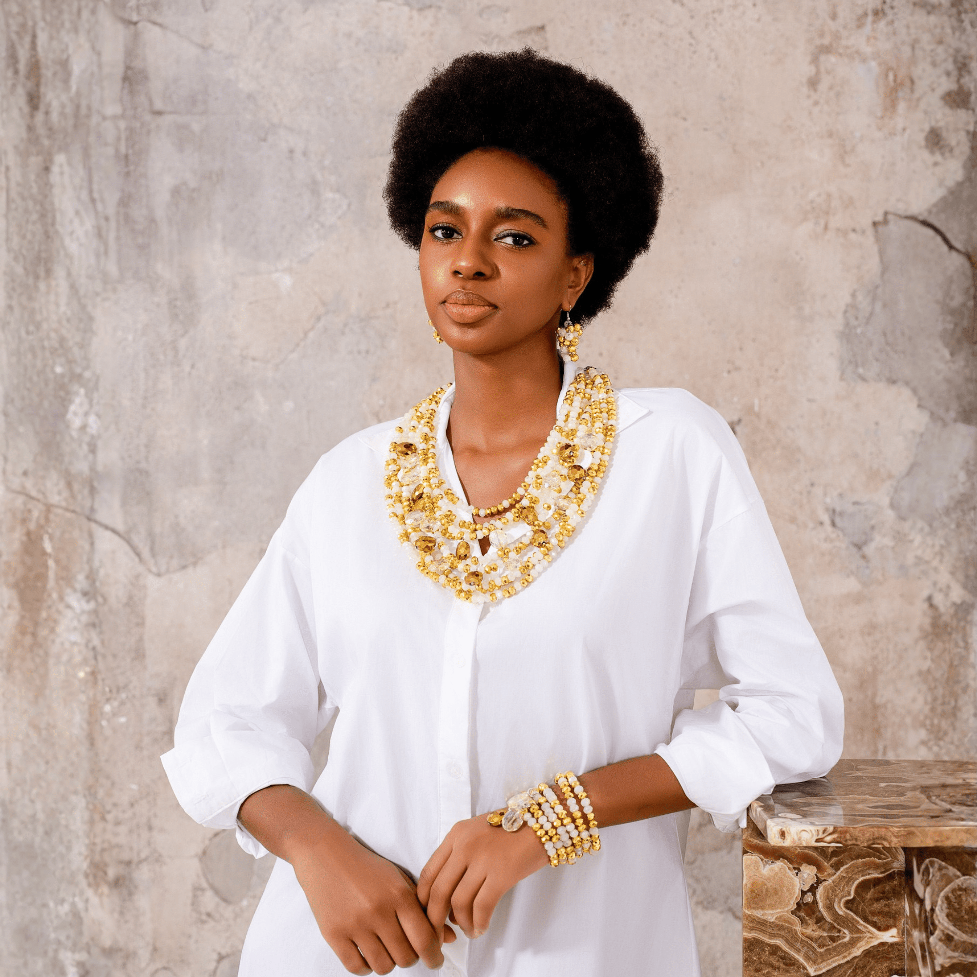 Malia Glass Beaded 2 - in - 1 Necklace - Golden Snowflake,Necklaces, Sassy Jones,