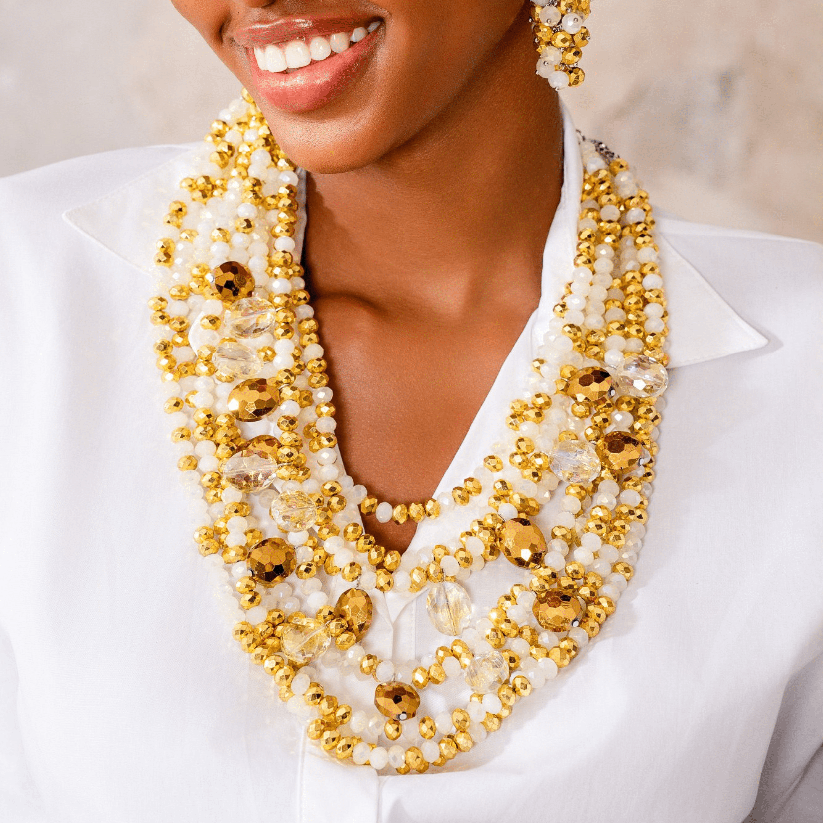 Malia Glass Beaded 2 - in - 1 Necklace - Golden Snowflake,Necklaces, Sassy Jones,