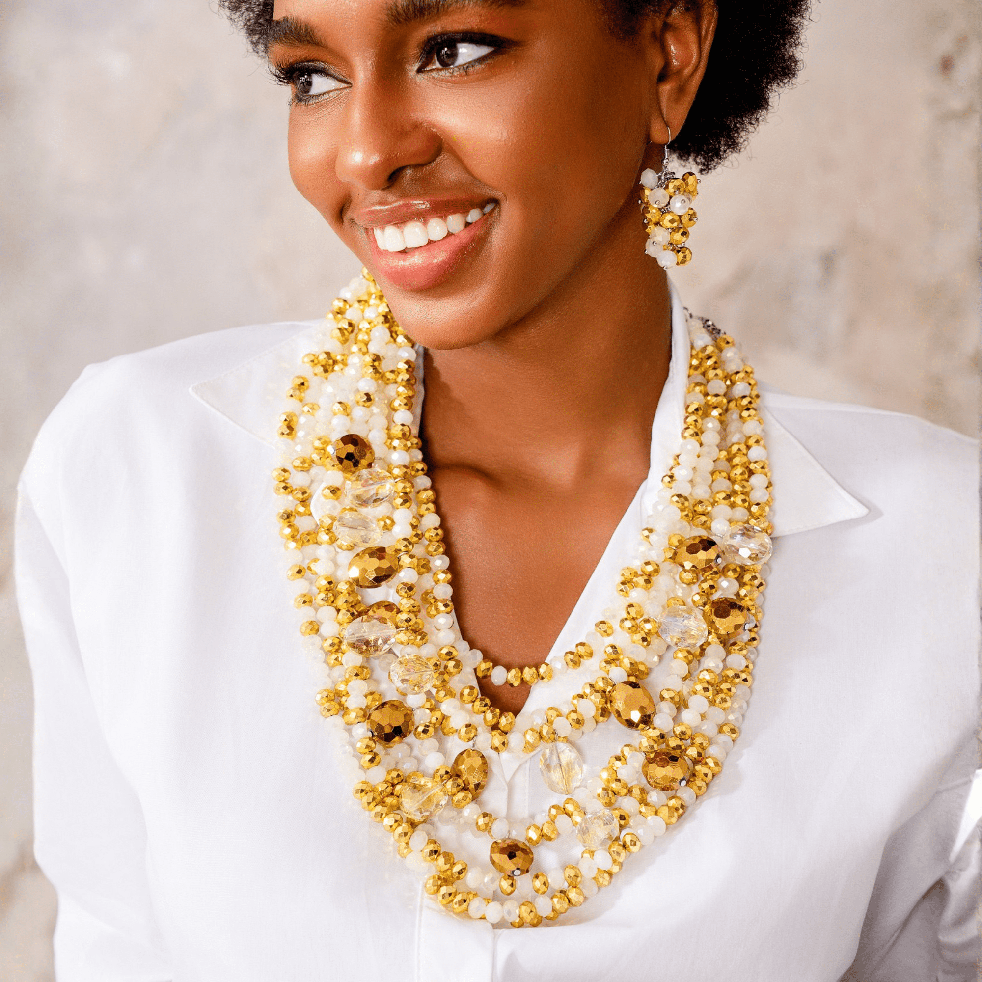 Malia Glass Beaded 2 - in - 1 Necklace - Golden Snowflake,Necklaces, Sassy Jones,