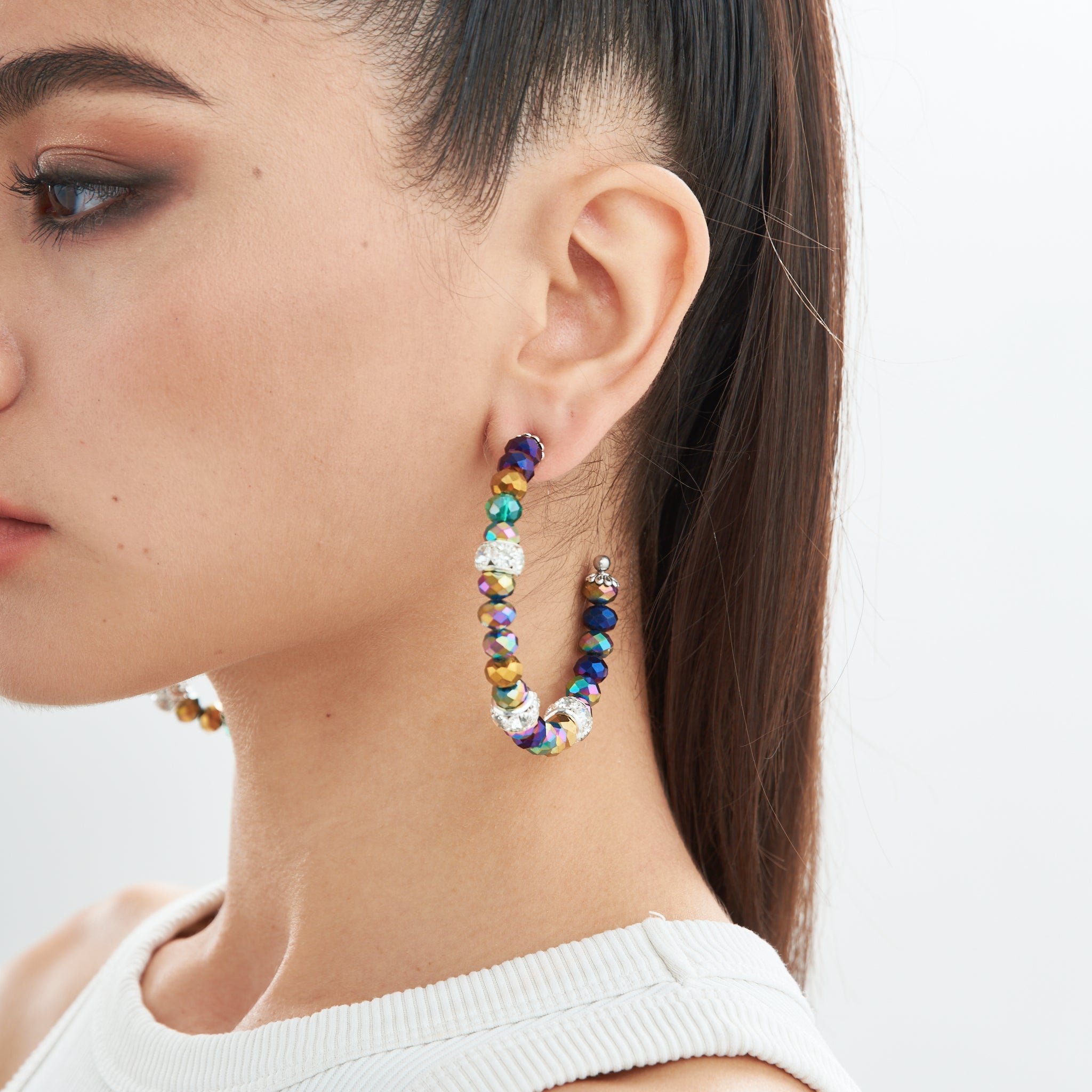 Malia Glass Hoops - Peacock - Sassy Jones,  glass hoops, iridescent earrings, glass bead earrings