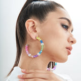 Malia Glass Hoops - Rainbow Ombre - Sassy Jones, Hand-strung faceted glass AB beads in a rainbow ombre of pink, yellow, blue, green, and lavender hues - Clear crystal-encrusted spacers - Custom silver end caps, wedding jewelry, prom accessories 