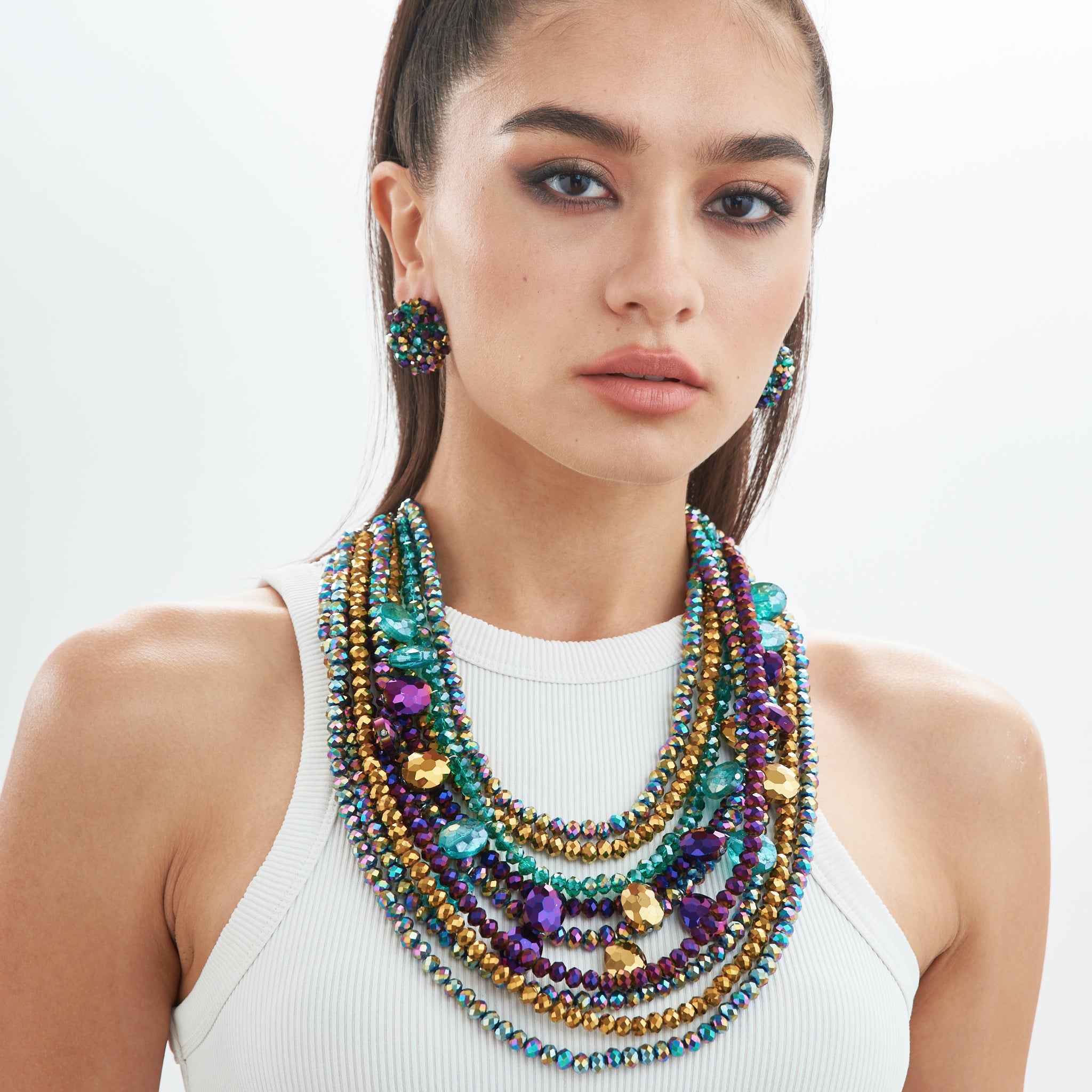 Malia Glass Sparkler - Peacock (Detachable Layers) - Sassy Jones,  iridescent beads, glass beads, layered necklace, 