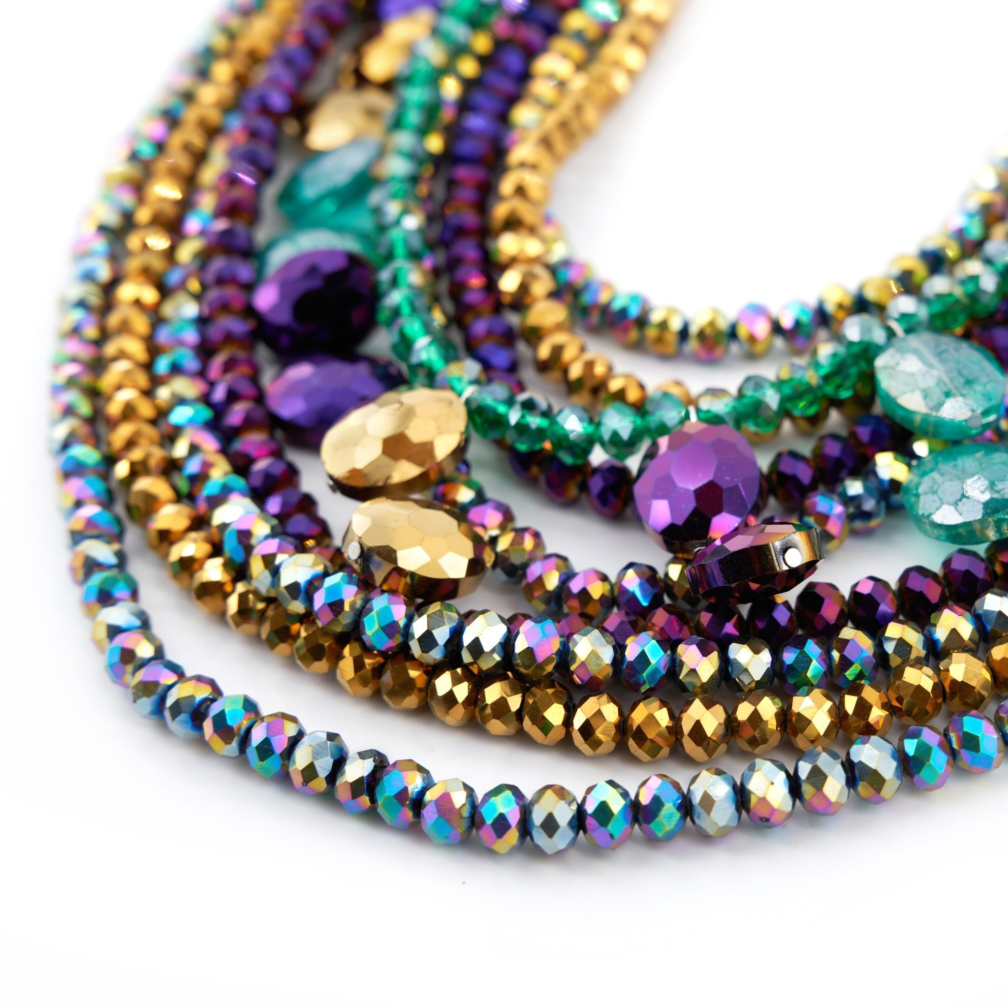 Malia Glass Sparkler - Peacock (Detachable Layers) - Sassy Jones -9-strand design in iridescent purple, teal, and gold hues -4 lower strands are detachable for versatile wear -Hand-strung faceted glass AB beads  -Dangling larger glass pendants on 2 strands  -Collar length -Silver metal hardware 