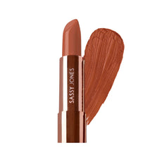Sassy Jones Melanin Luxe Crème Lipstick with camel nude swatch and satin-matte finish.